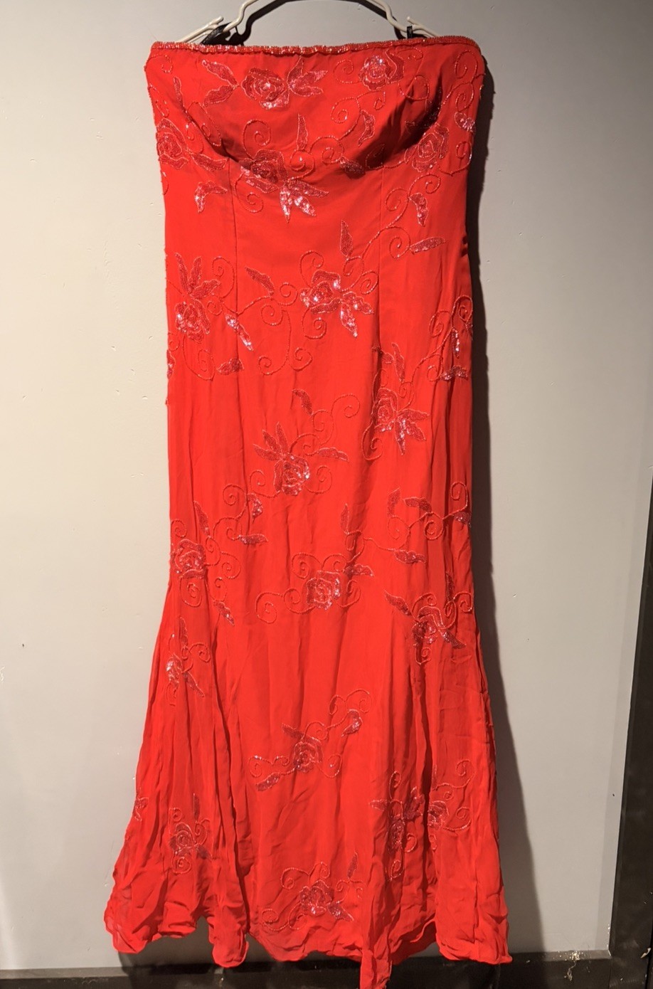Vintage Sean Collection XL Red Beaded Silk Gown Stunning Strapless