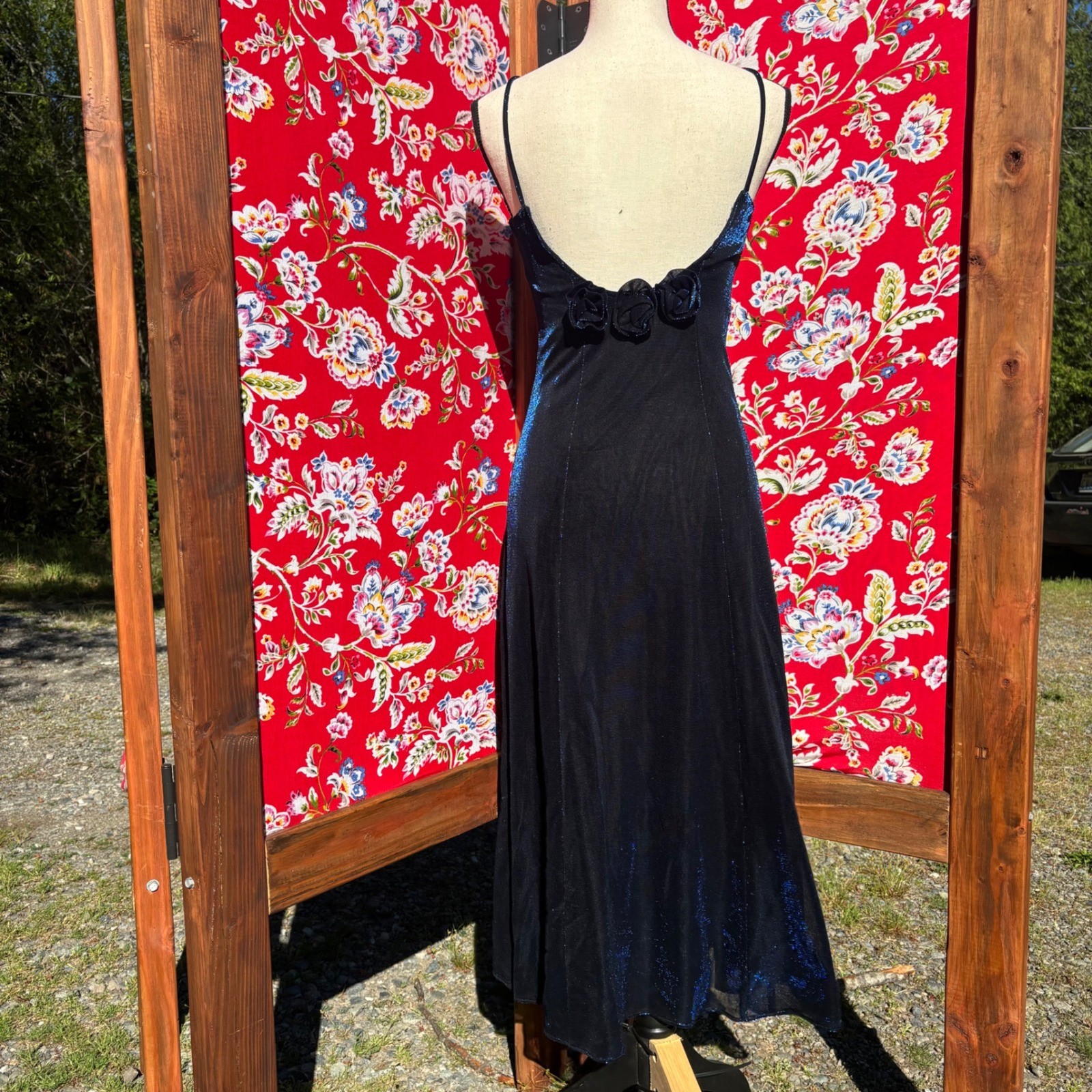VTG Black+Blue Iridescent Whimsigoth Formal Wedding Guest Maxi Dress Size S