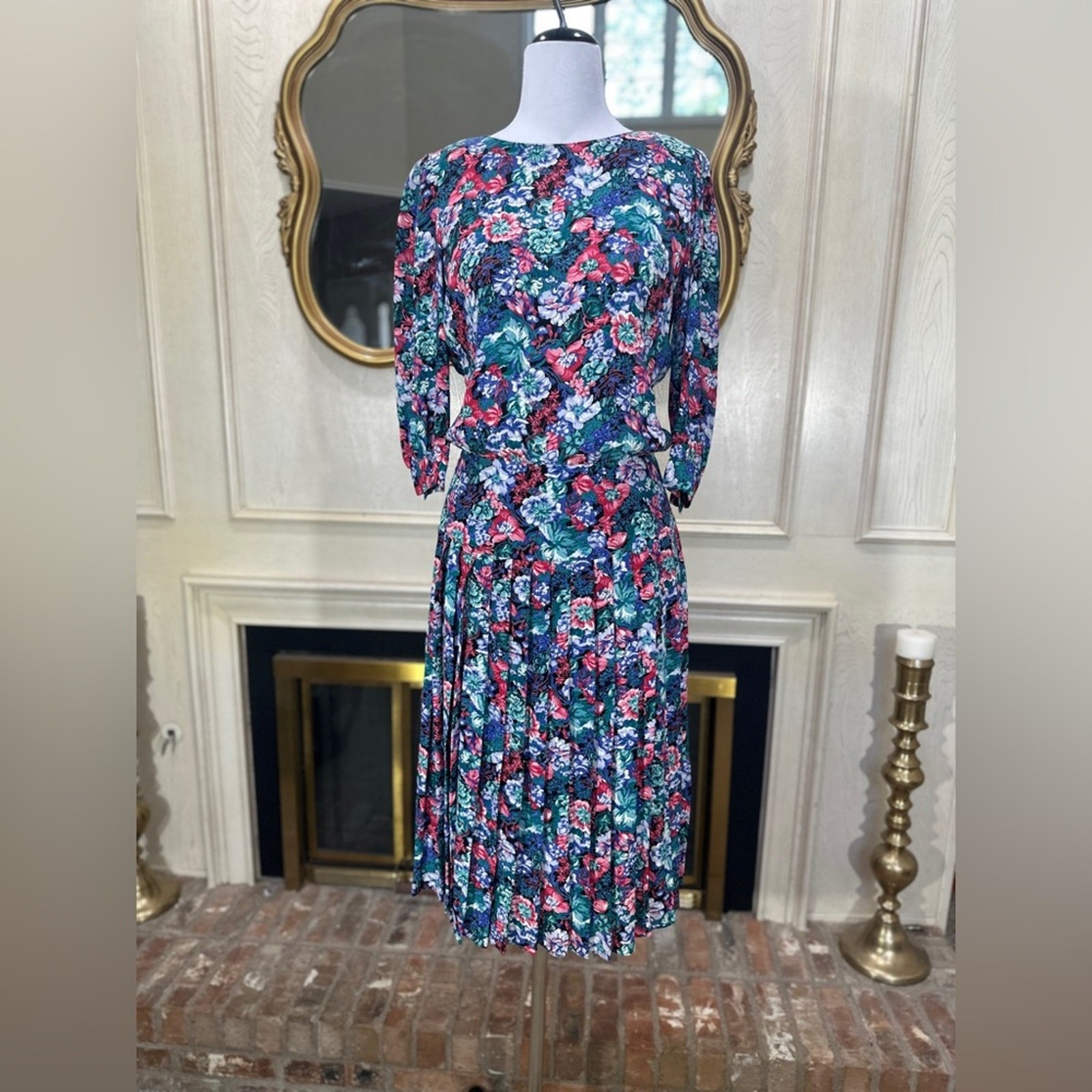 Vintage Karin Stevens Petites Floral Pleated Midi Dress Size 8 | Made in USA