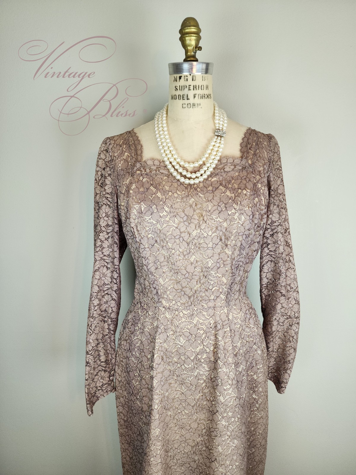 Vintage Late 1940’s Mauve Lace Over Champagne Satin Cocktail Dress with Godet