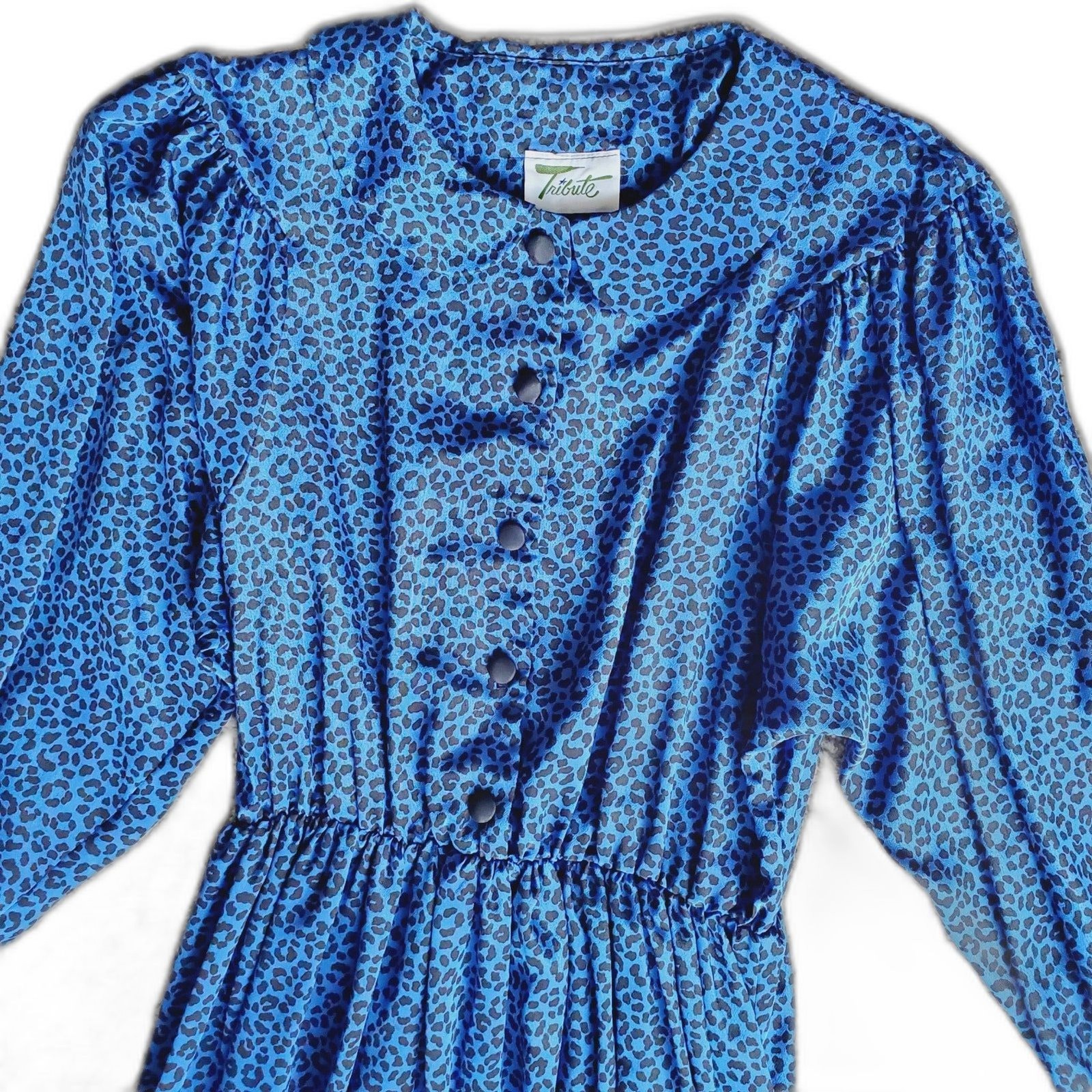 Vintage Tribute Blue Animal Print Dress Elastic Waist Long Sleeve Size M GUC