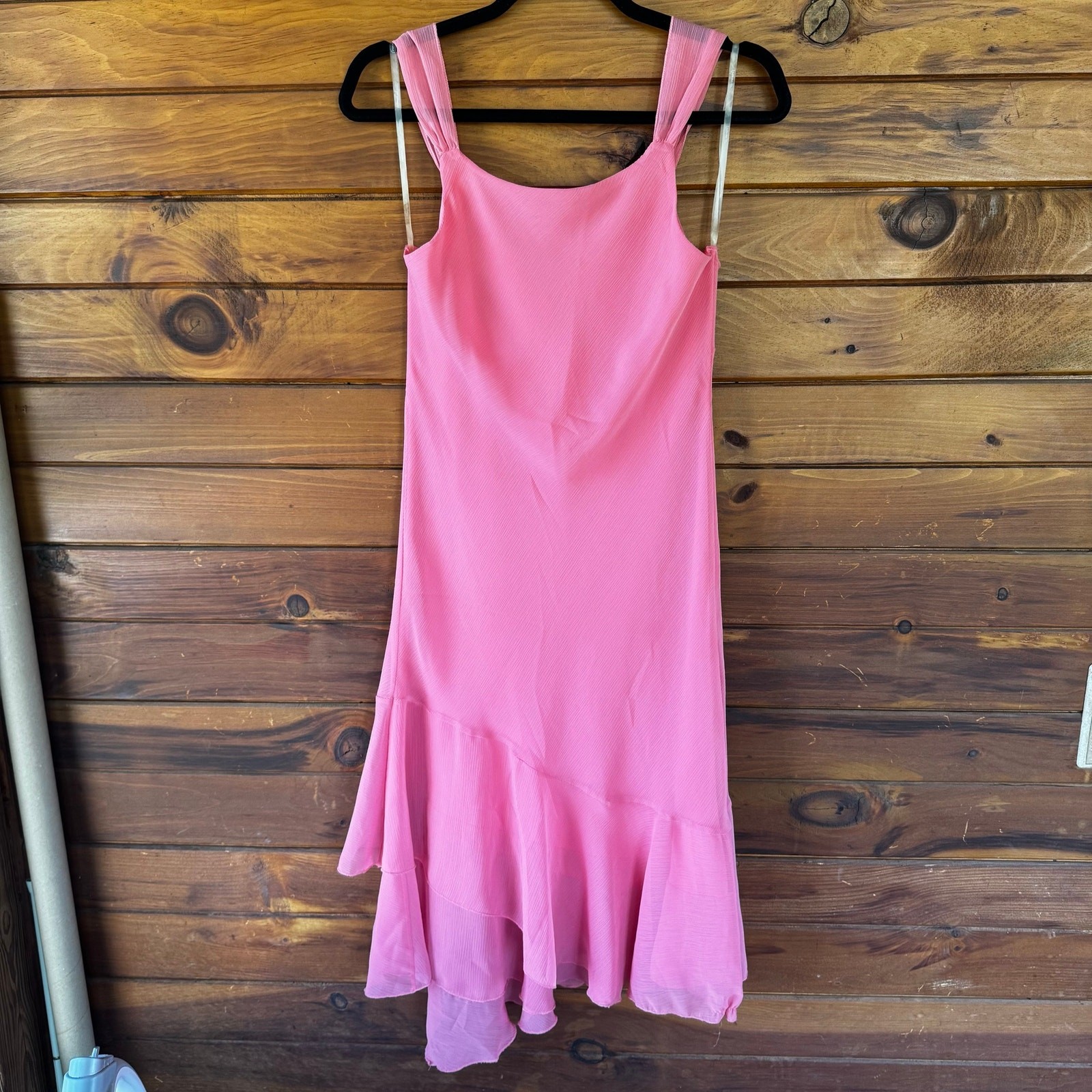 VTG 90s Y2K Pink Chiffon Coquette Fairy Milkmaid Asymmetric Dress Size Large