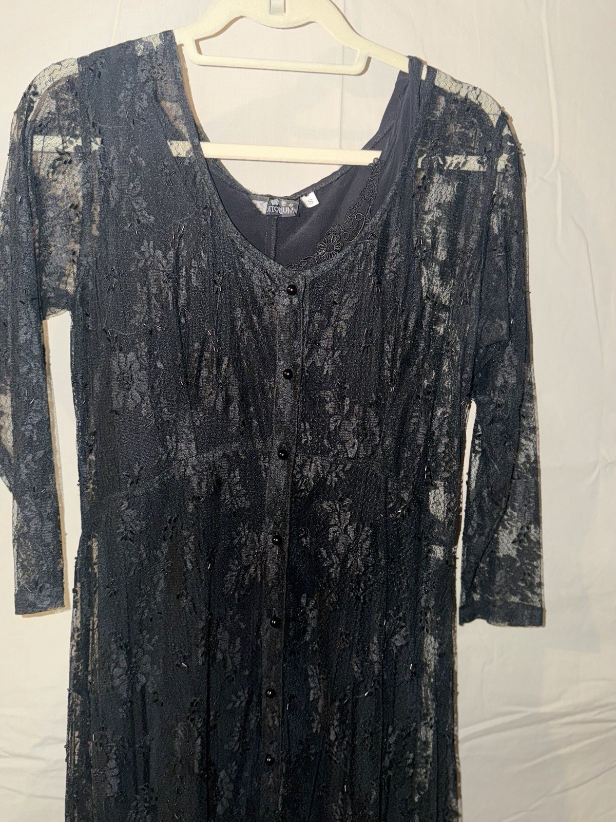 Vintage Auditorium 90s Black Lace Button-Front Overlay Dress With Slip
