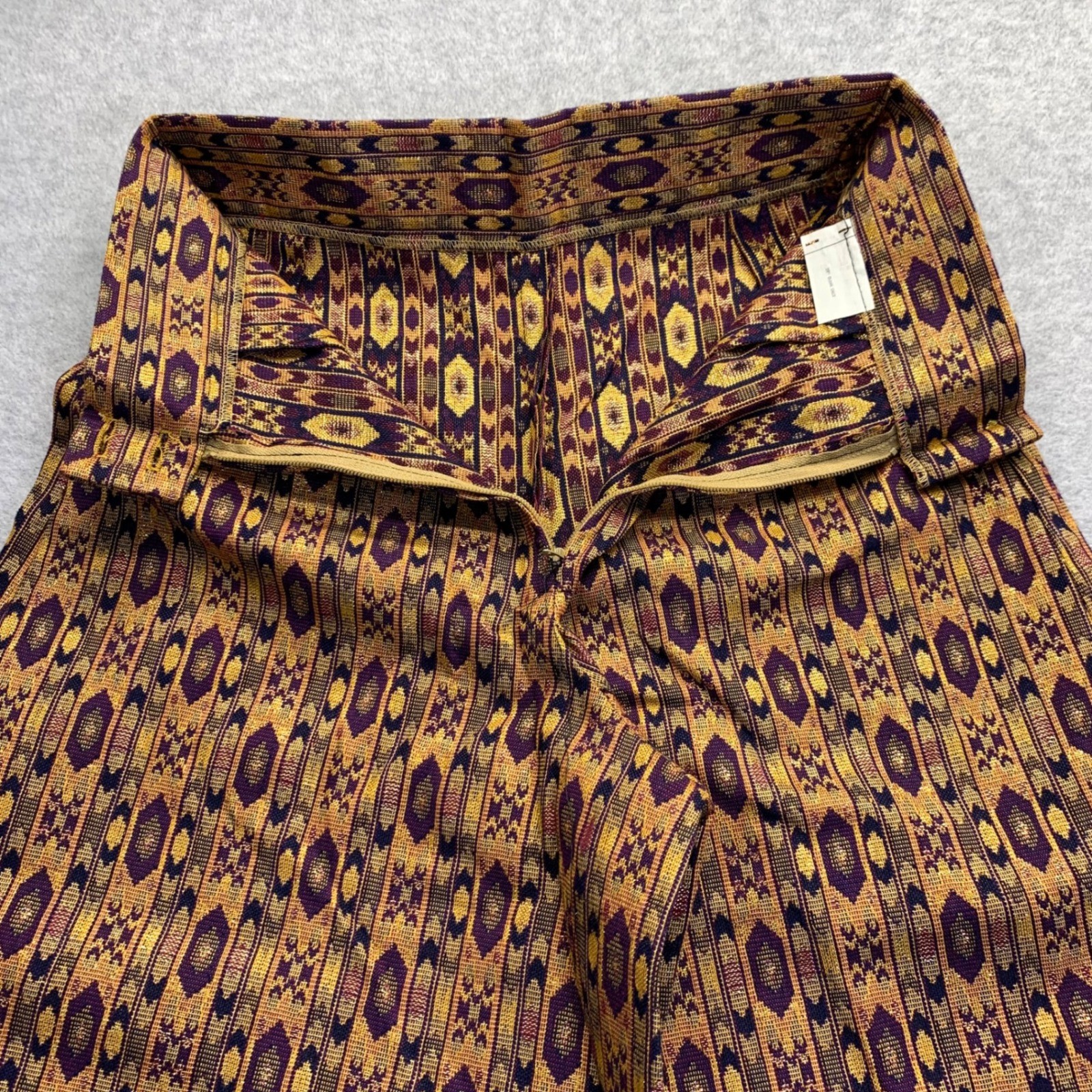 Vintage BSAC ILGWU Wide Leg Palazzo Pants Purple Gold Metallic Ikat Print Sz 10