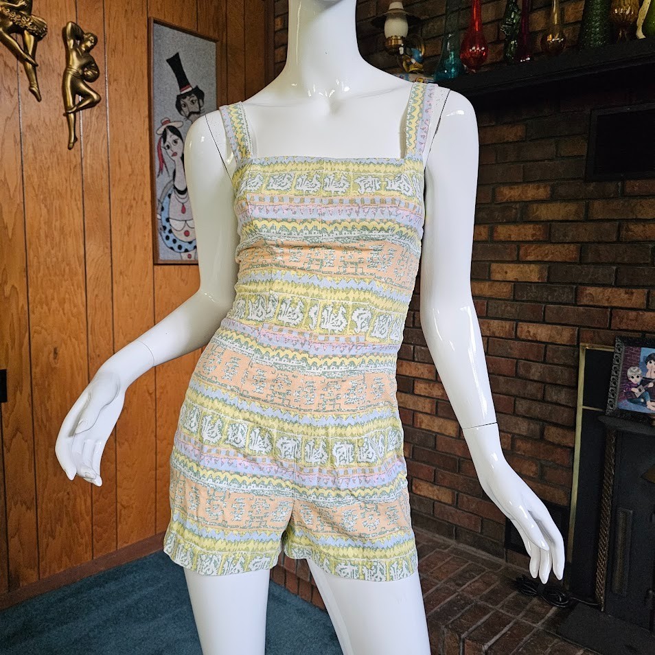 Vtg 50s Pinup Romper Playsuit Pastel Stripe Bombshell Swimsuit Bathing Suit S