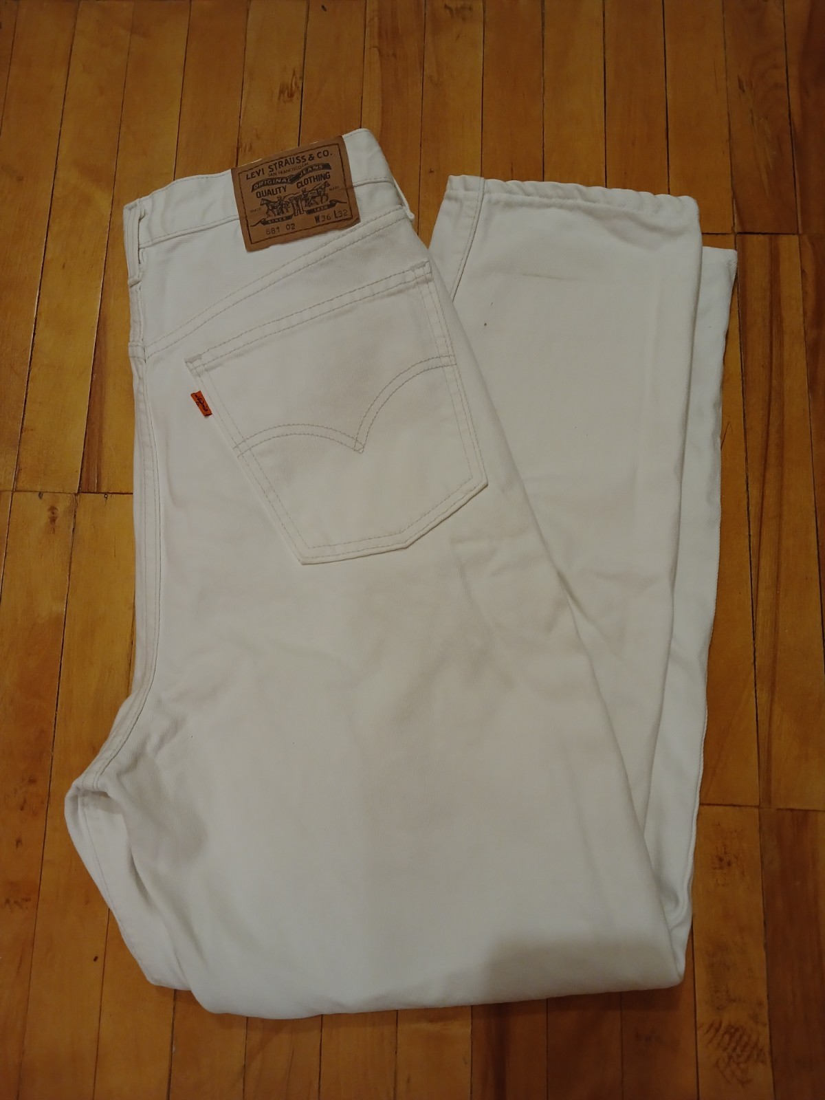 Vintage Levis 881 02 Orange Tab Jeans Off White Cream Mom High Waist W36 L32 90s