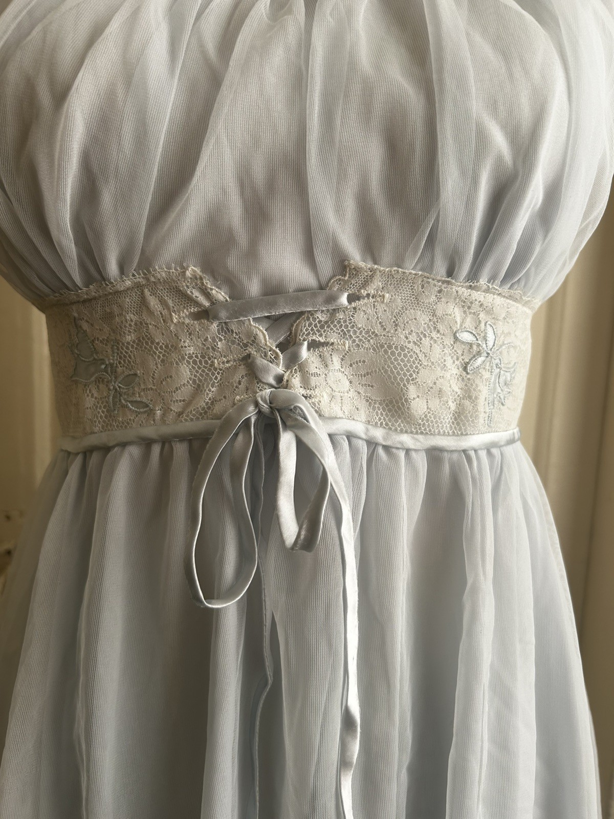 Vintage Pale Blue Chiffon Empire Waist Chemise with Ivory Lace Band XS/XXS