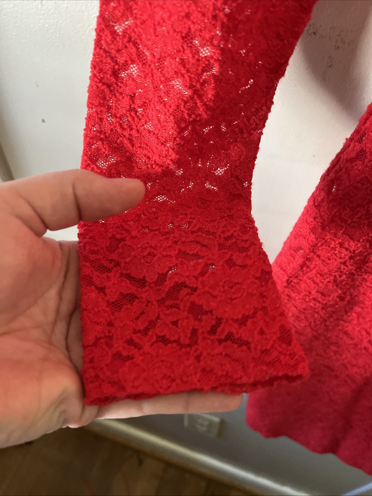 Vintage Karen Lucas Dress Size Small Skin Tight Red Lacy Long Sleeve Sexy
