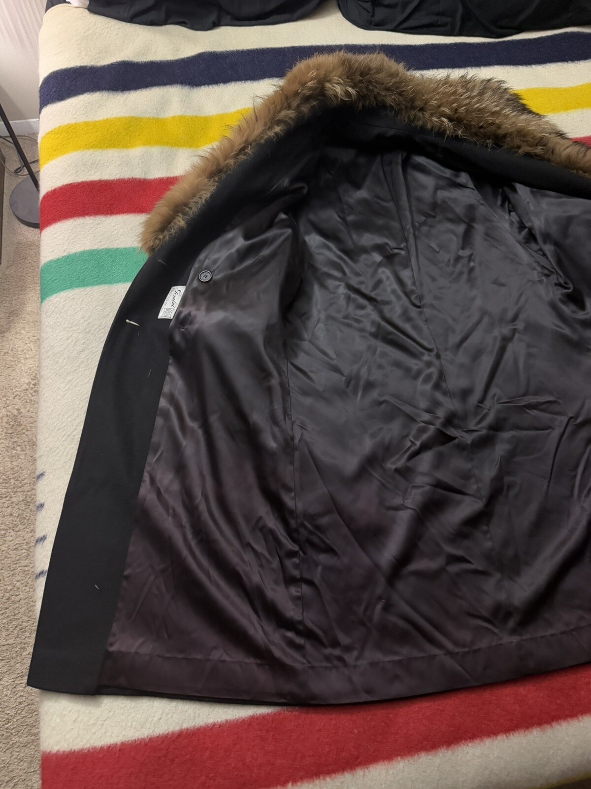 Vintage Gemini Black Full Length Wool Coat Jacket Finncoon Raccoon Fur Collar XL