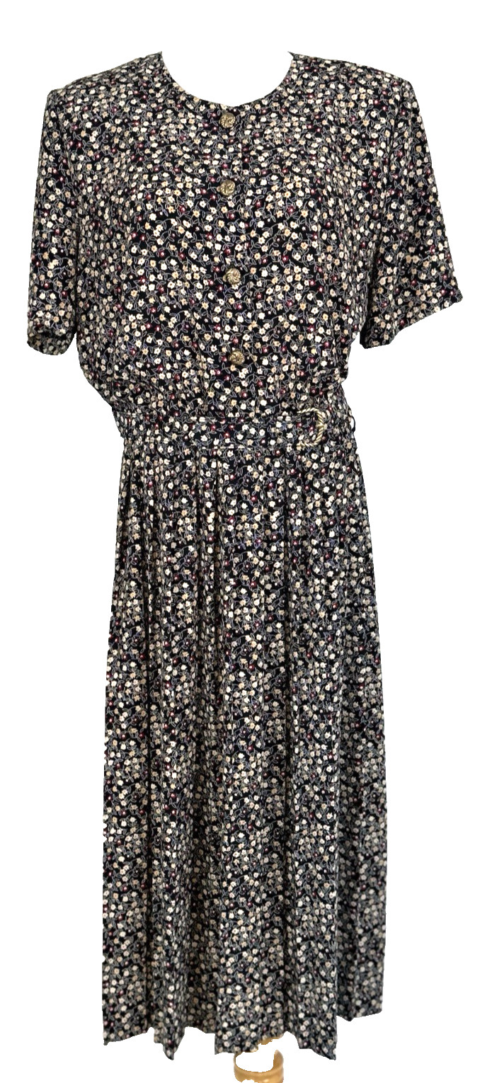 Leslie Fay Womans Size 14 Dress Floral Black Vintage Belted Midi Classic Modest