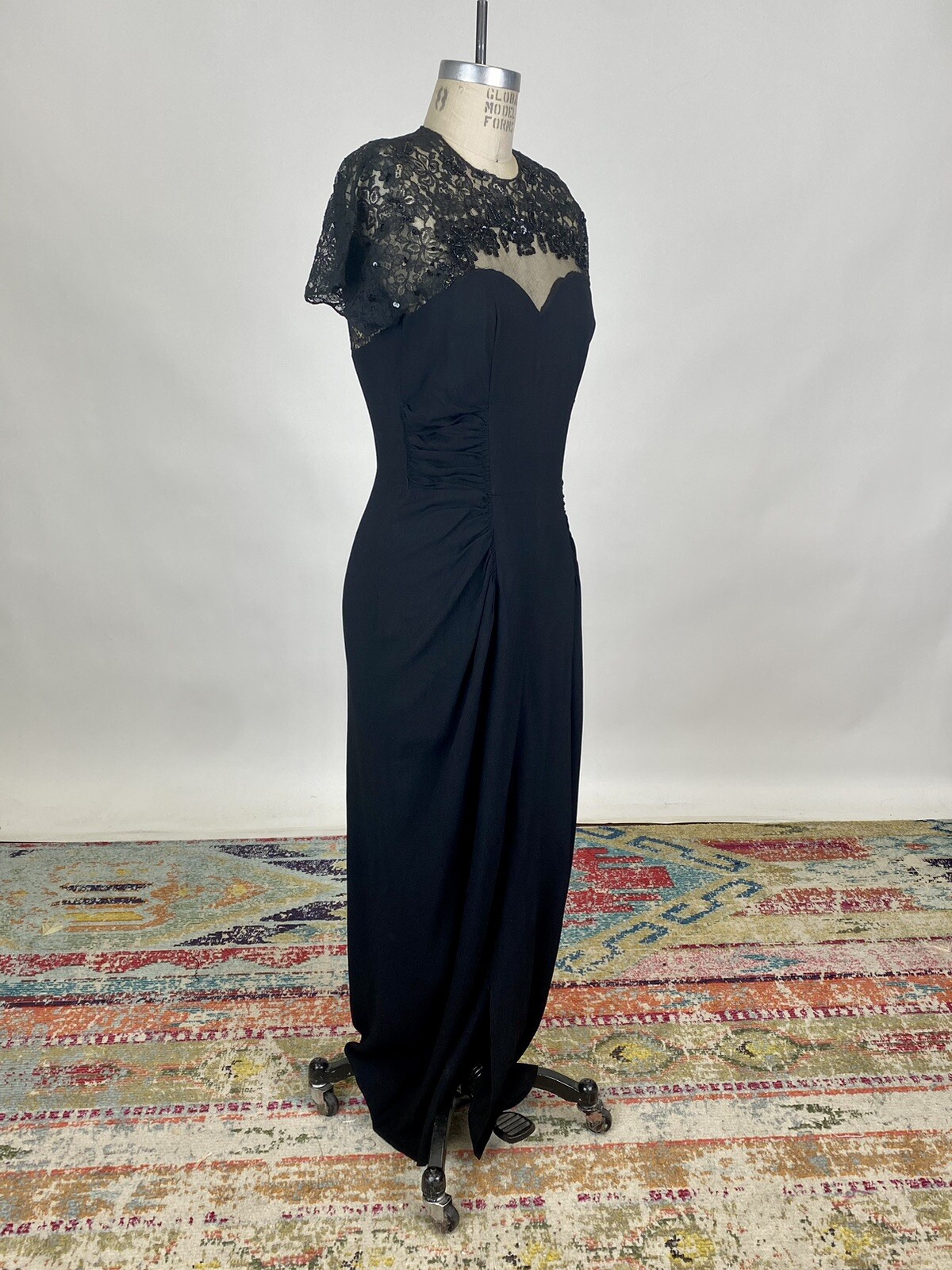 Antique Vintage 1930s Black Rayon Beaded Dress Lace Bodice Rouched Waist AS IS