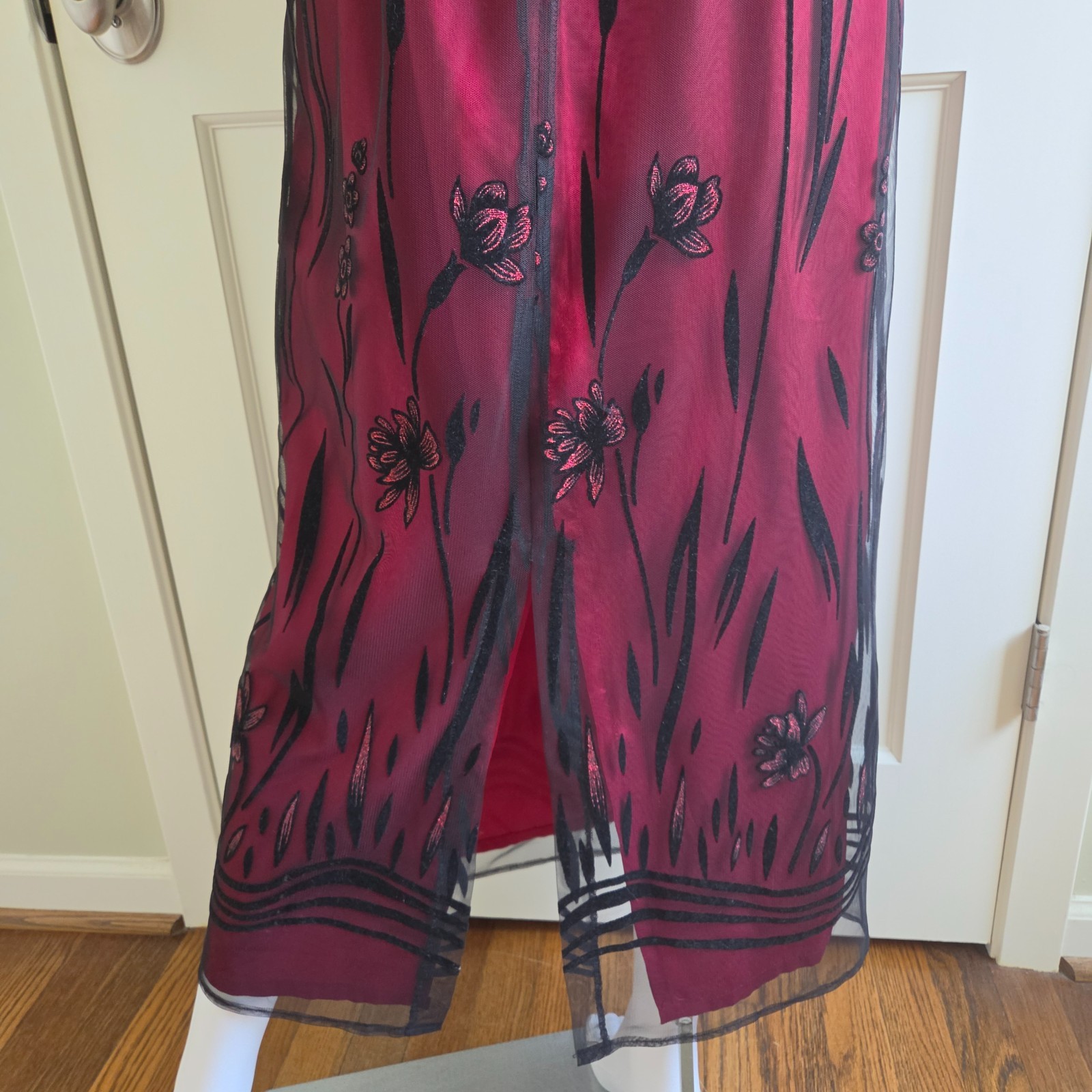 Vintage 90s Virgo II Burgundy Black Floral Mesh Maxi Dress Size 8 USA