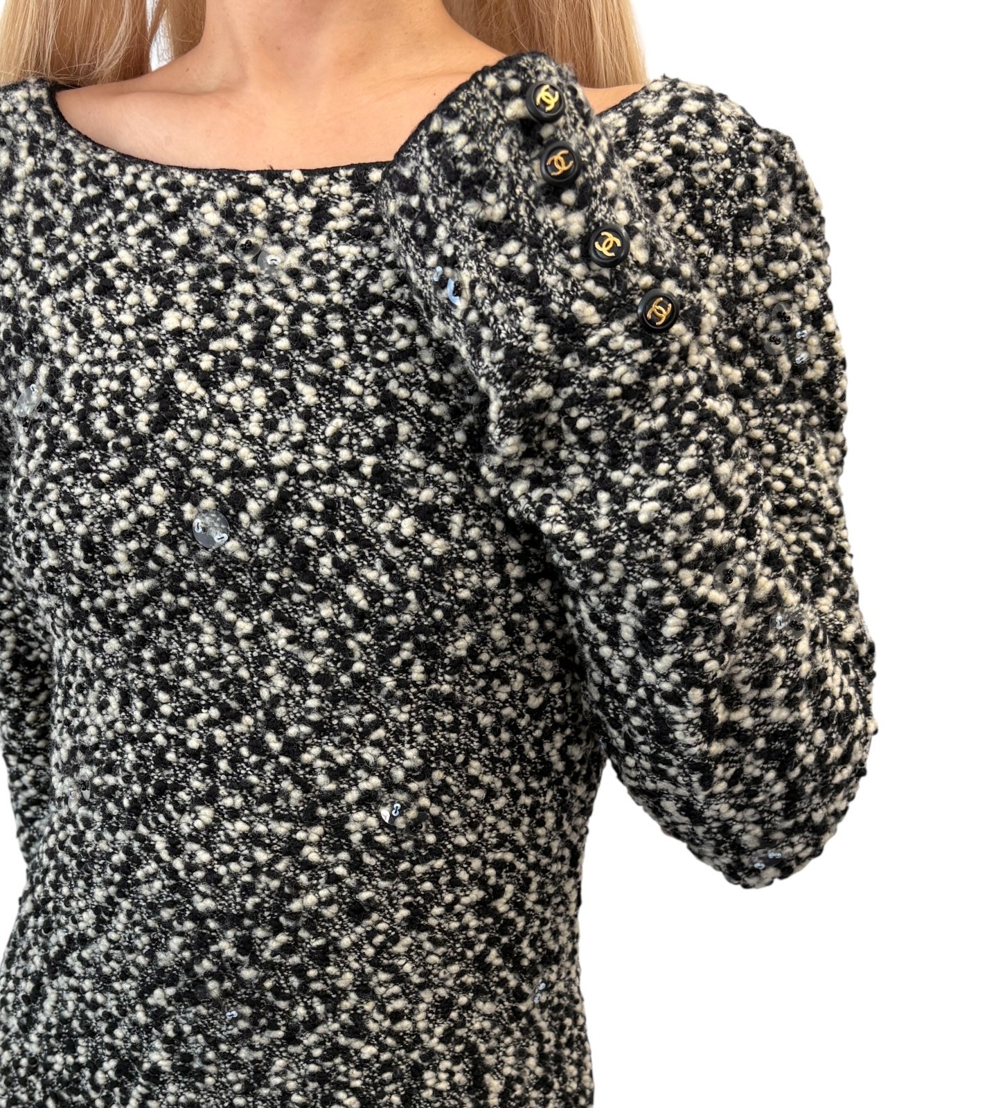 CHANEL Vintage 94A CC Logo Button Sequins Knit Sweater Dress #38 Black Wool