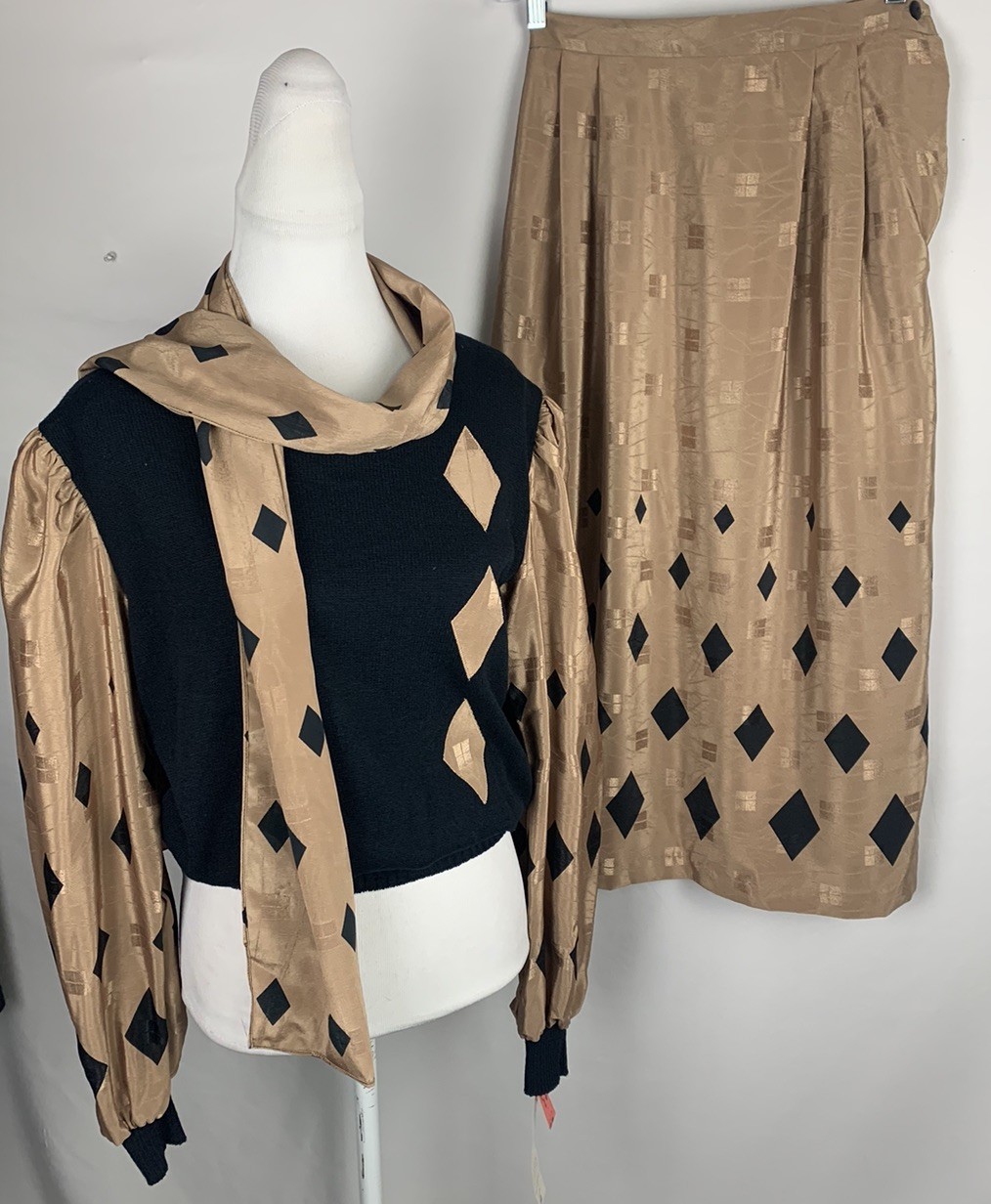 Vintage 80s NWT Two Piece Skirt Set Anthony Sicari Size 12-Black/Tan