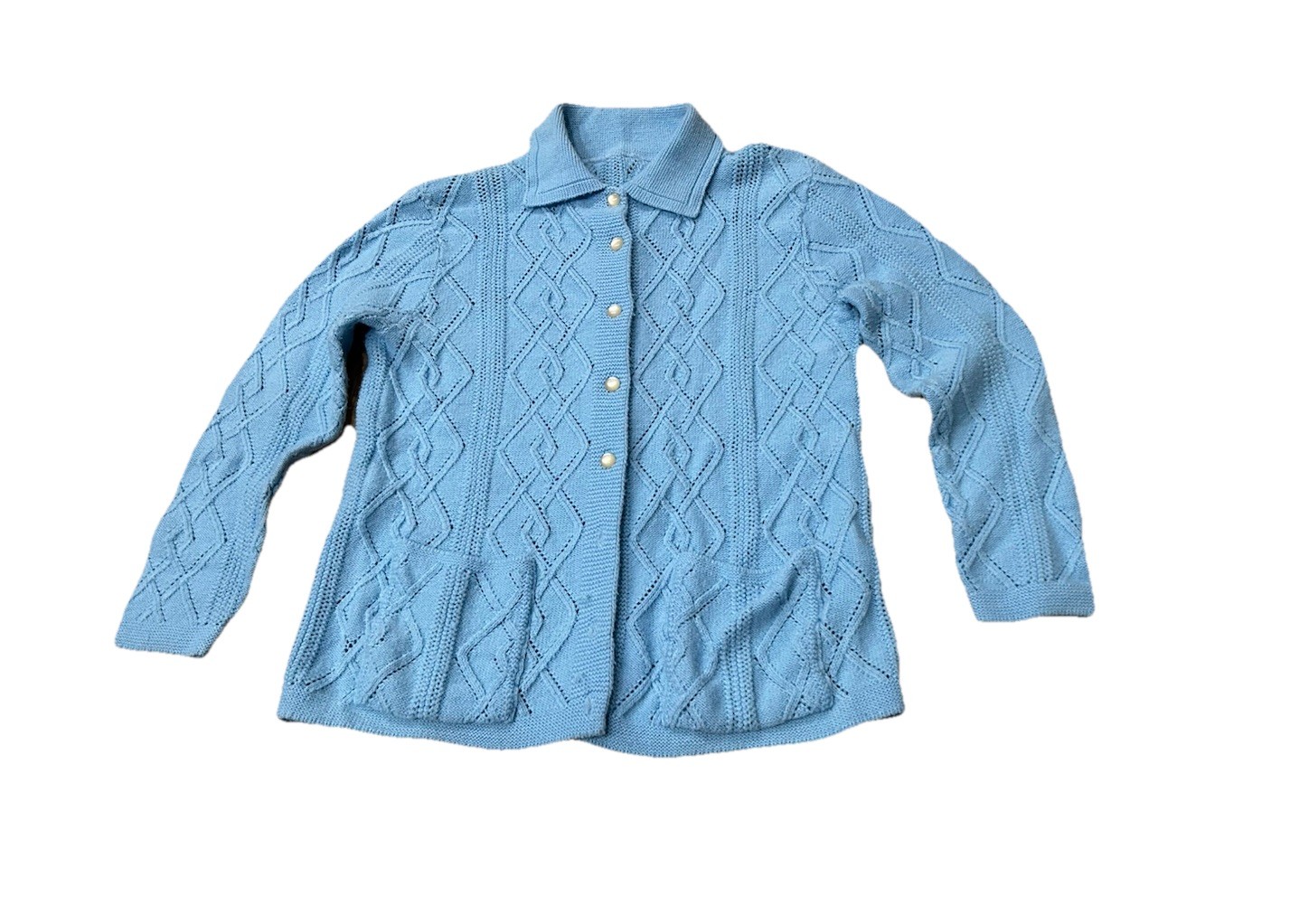 Vtg 70s Vintage Blue Cable Knit Cardigan Sweater Pearl Buttons 38” Bust AS IS