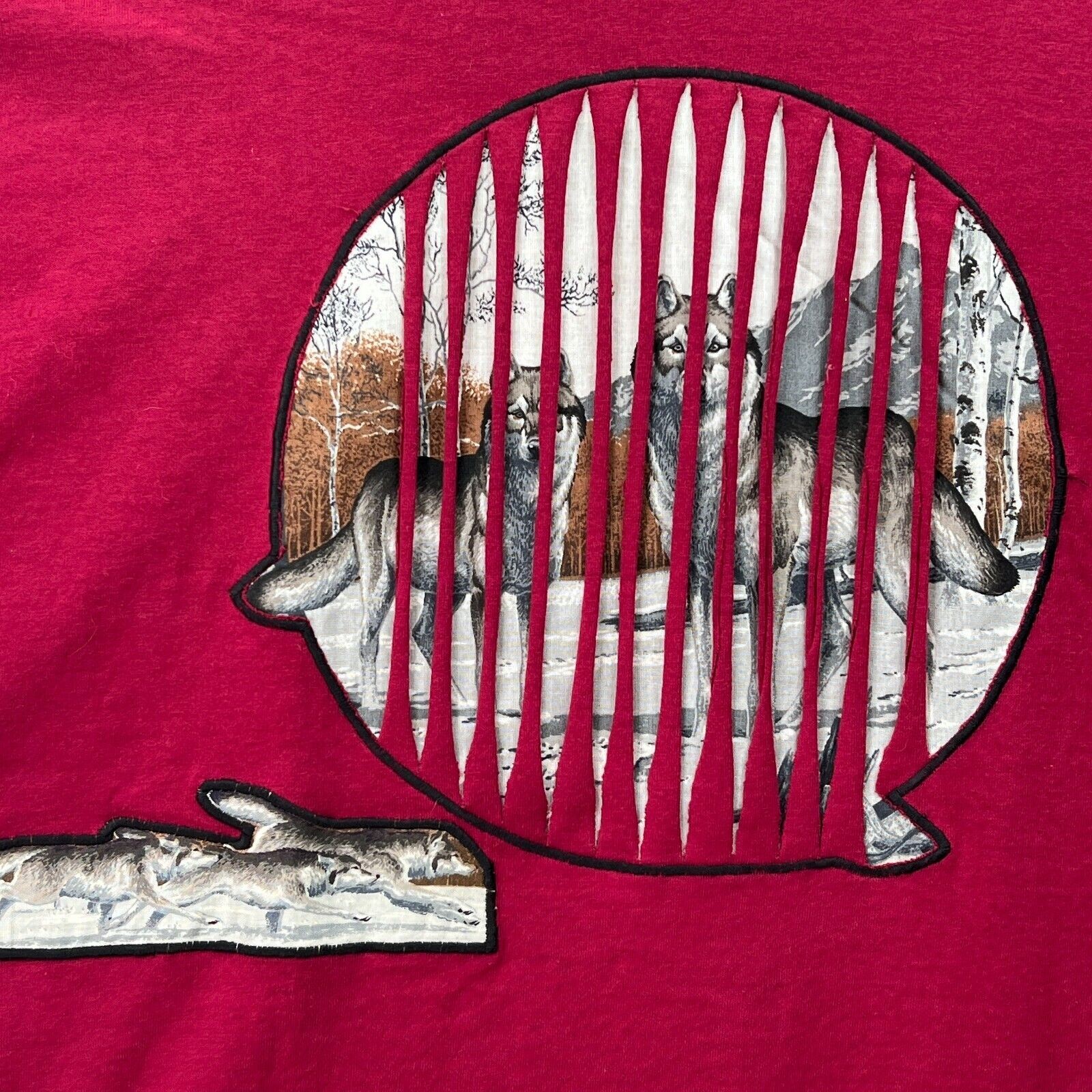 Vintage Wolves in Woods Nature T-shirt Handmade Womens Maroon FOTL Best Sewing