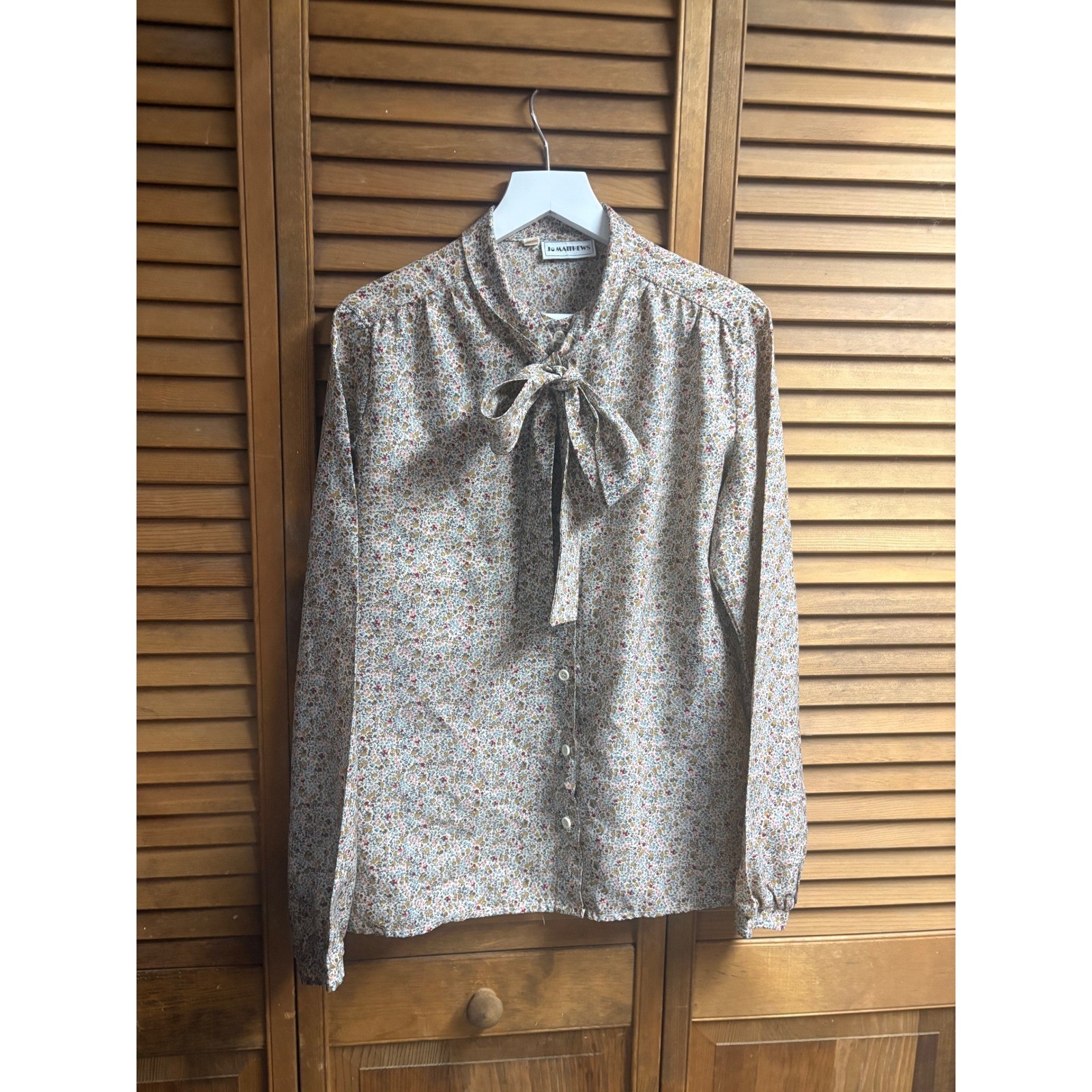 Jo Matthews Vintage Ditsy Floral Neck Tie Bow Blouse Long Sleeve Button Front
