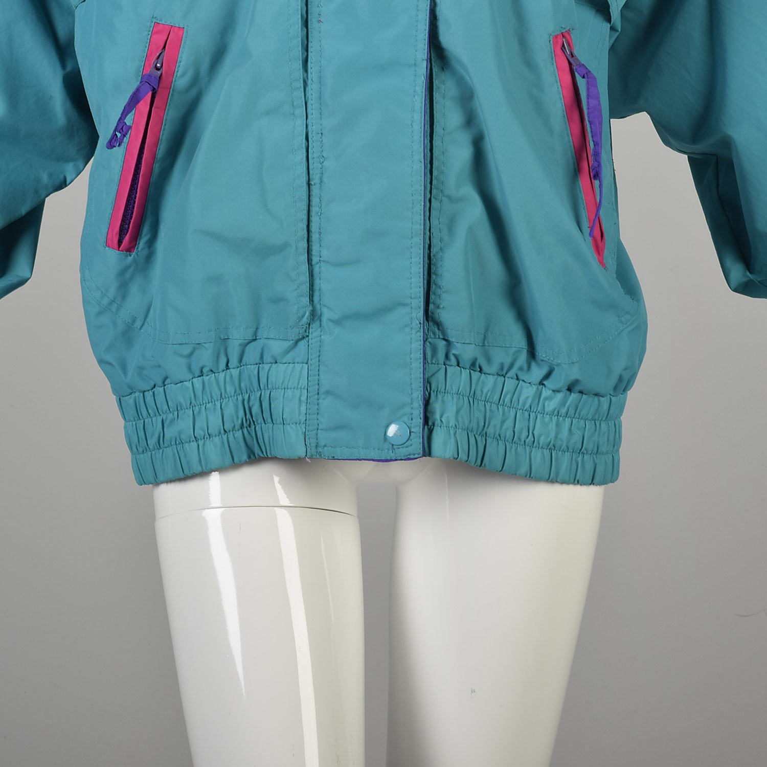 Medium 1980s Teal Windbreaker with Hot Pink and Purple Zippered Snap Closure