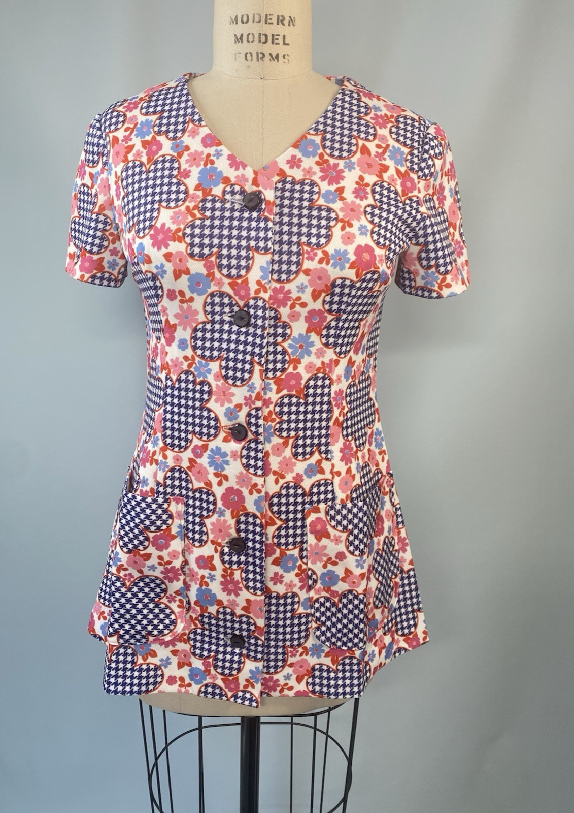 Vintage Tunic Top SIZE SMALL floral red blue gingham 70s handmade pockets