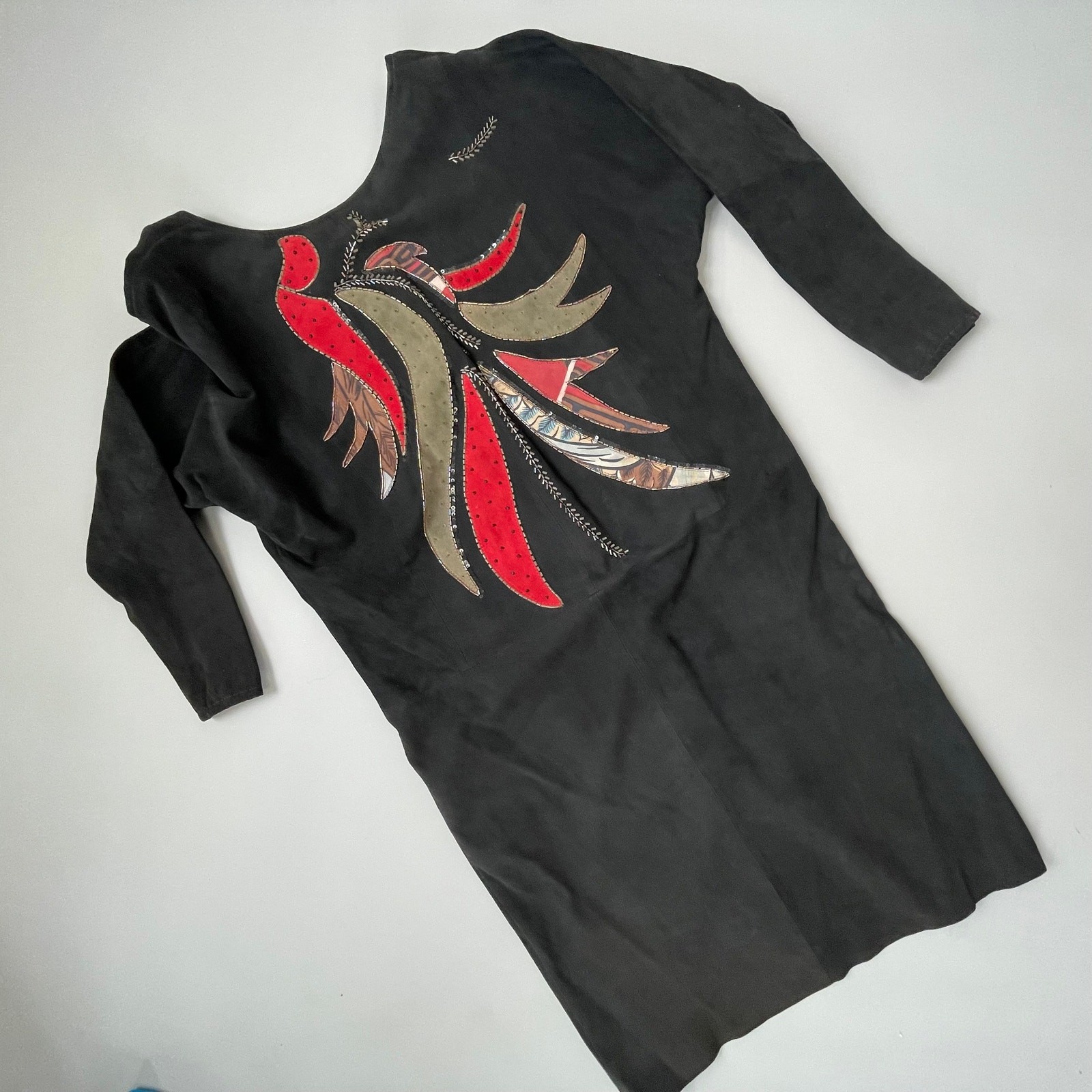 80s Suede Beaded Leather Dress Judith Ann Creations Applique Raglan Sleeve S