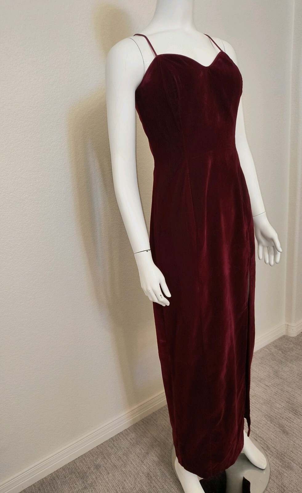 1990s L.A. GLO Burgundy Velvet Long Cabaret Gown w/ Leg Slit, Sz 9-10