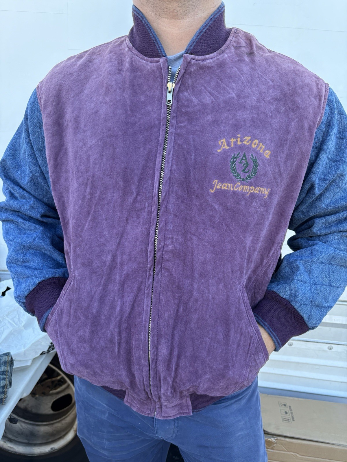VINTAGE JACKET PURPLE LEATHER BLUE DENIM ARIZONA JEAN CO 1988 Size Medium