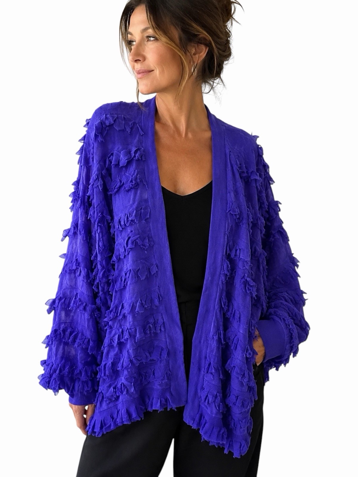 VTG Paula Sweet Muslin Mink Fringe Art Wear Cardigan Jacket Cobalt Blue M