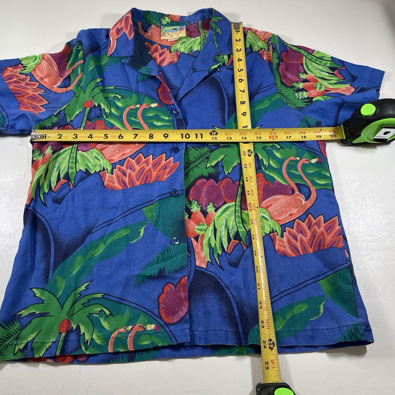 Vtg Cheryl Tiegs Button Shirt 12 Average Tropical Florida Flamingo Graphic AOP