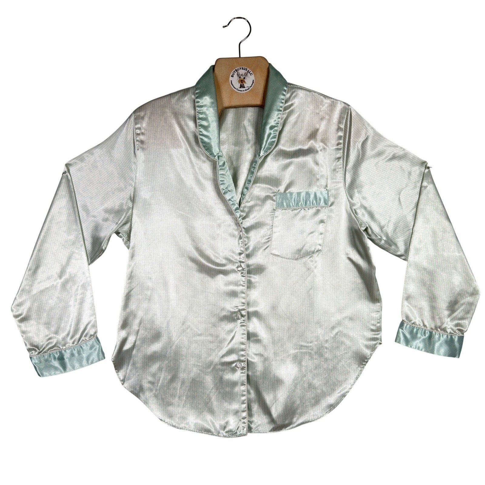 Womens Mint Satin Pajama Set Medium 2 Piece Button Front Sleepwear Lounge