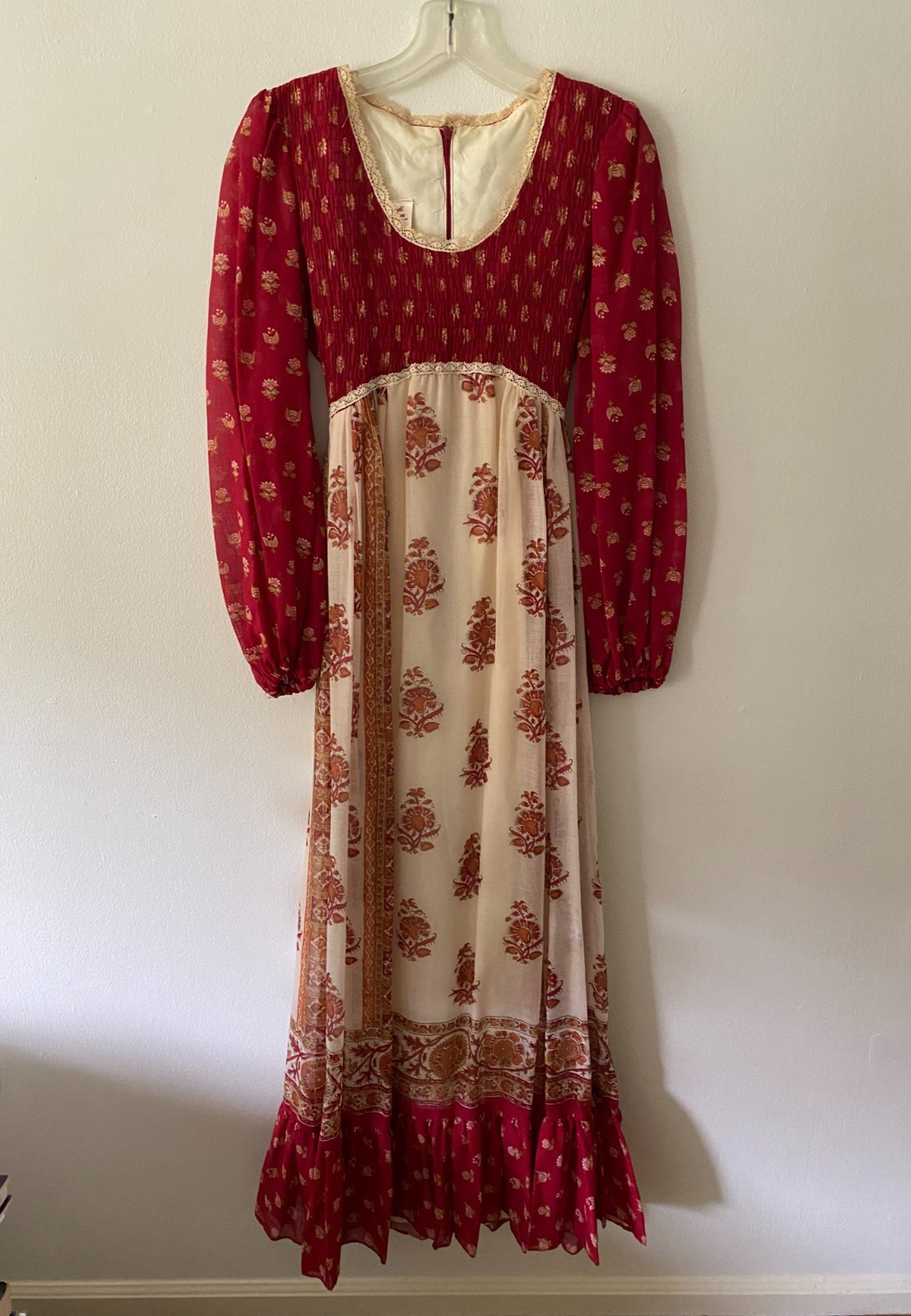 Rare 1970s Candi Jones Paisley Long Sleeve Boho Maxi Praire Dress XS/S