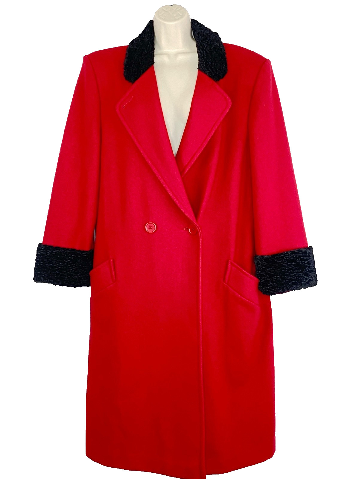 Vintage 1980s red wool overcoat XL long jacket coat black faux fur collar cuffs