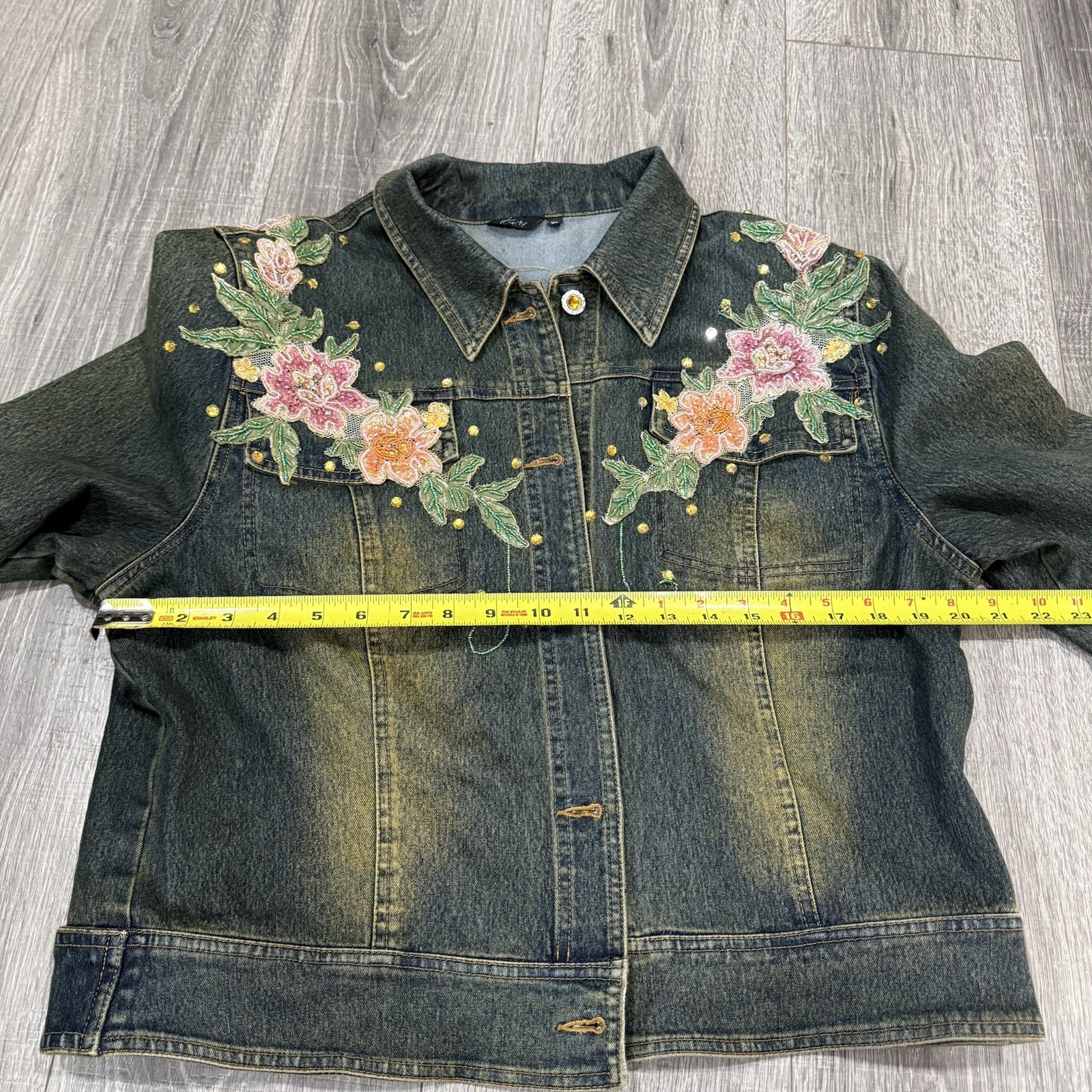 Vintage Kaity Boho Beaded Denim Jacket Beaded Size XL Floral Appliqué