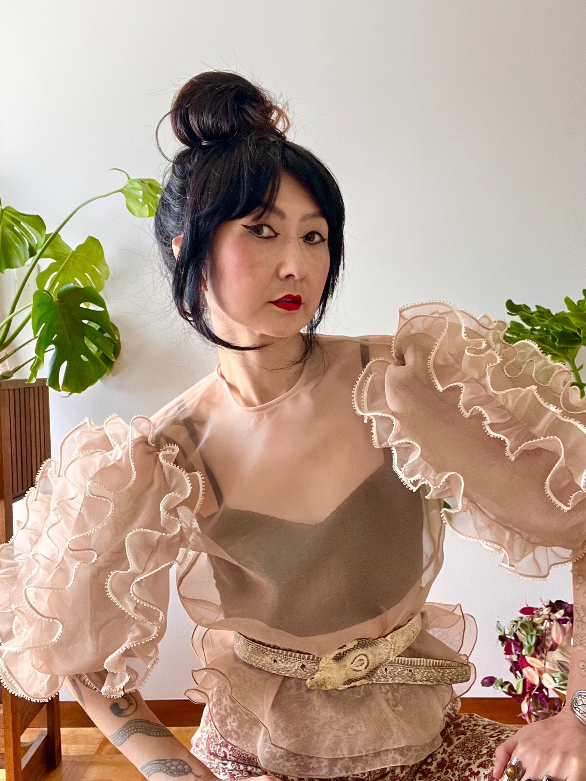 1970s Sheer Organza Ruffle Blouse – Puff Sleeve Peplum Statement Top | XS-M