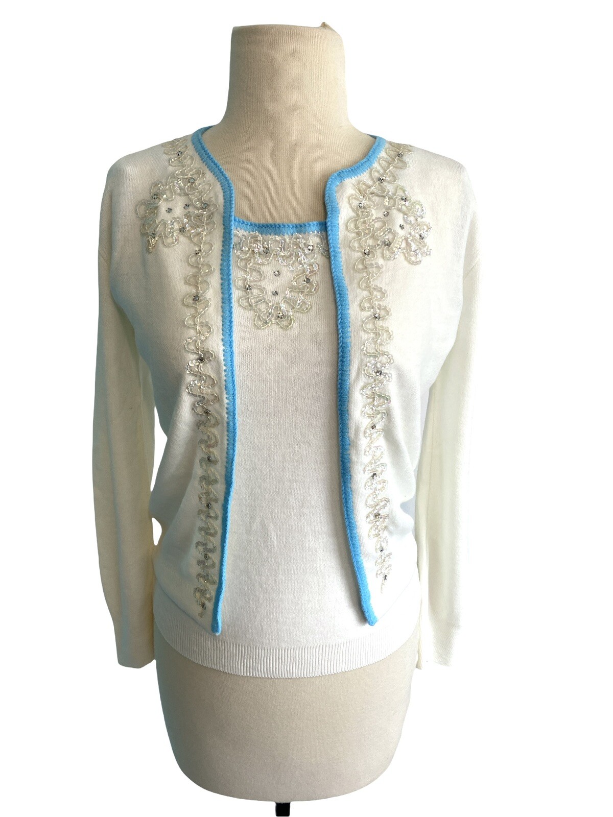 Vintage 1950’s White Acrylic Sequin Sweater Set by Turbo Interlock Made in USA