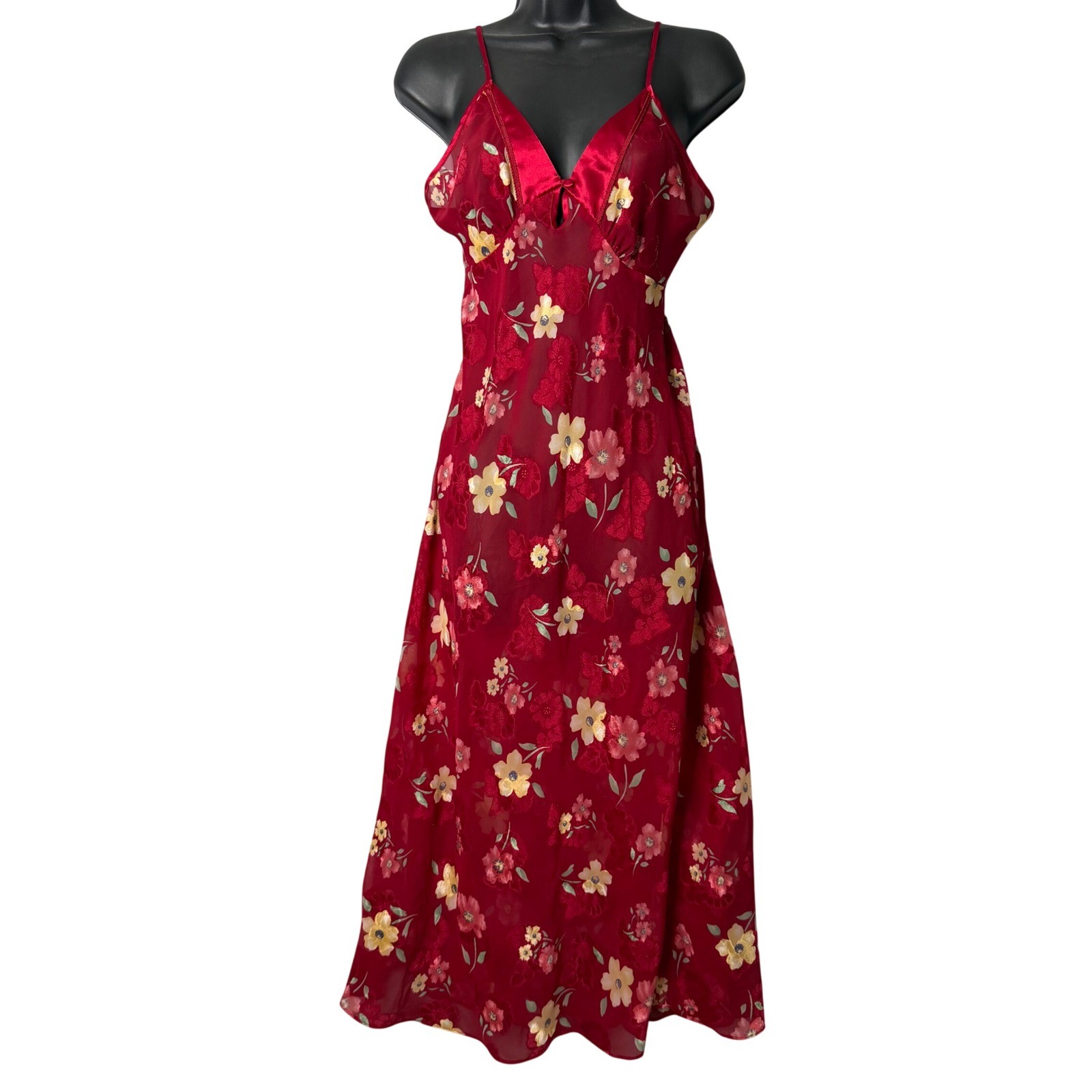 Vintage Secret Treasures Flora Satin Midi Slip Dress Womens S Red Sheer 2000s