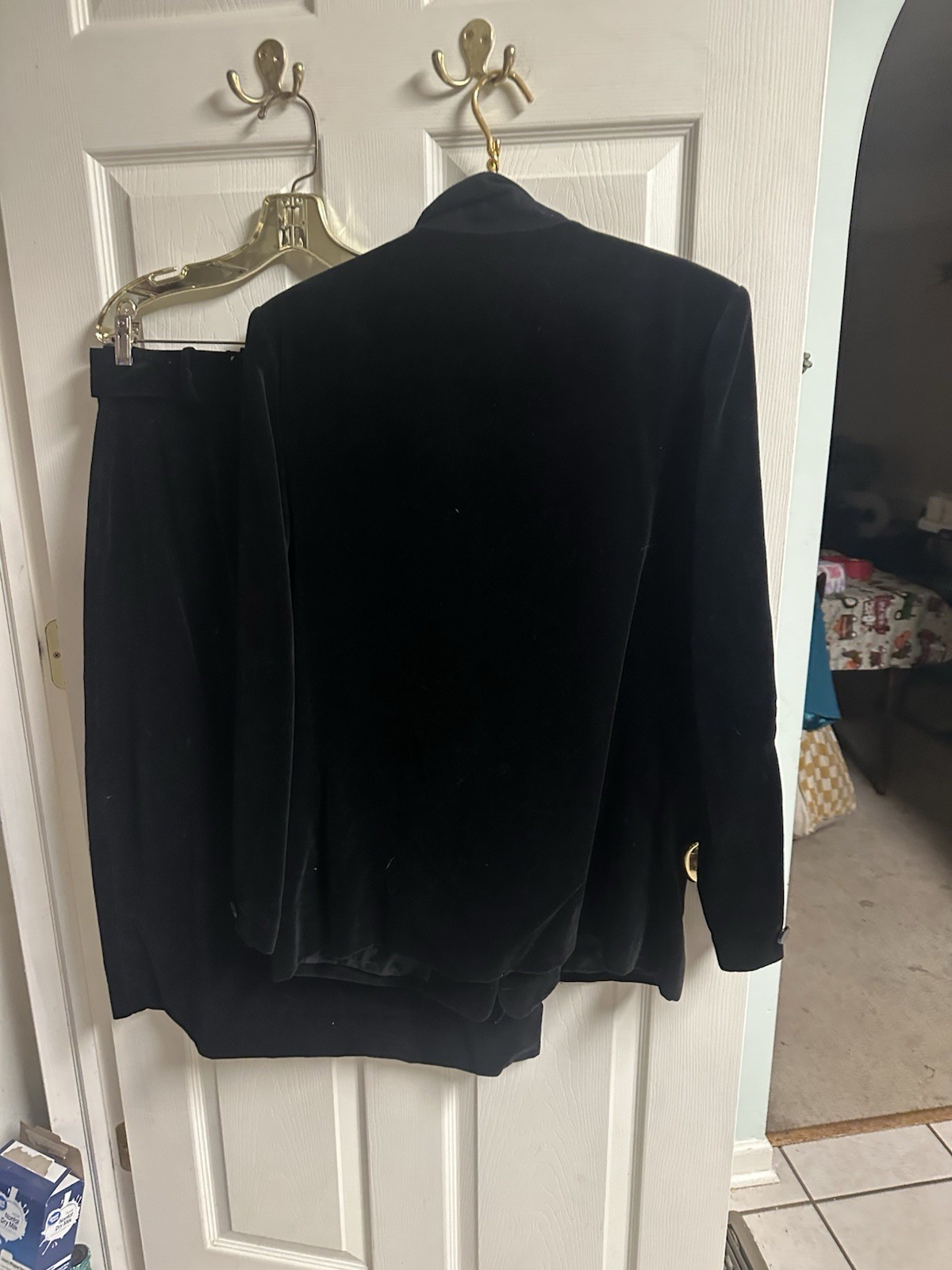 90s Skirt Suit Jacket 2pc Set Black Cotton Velvet Faux Suede Y2K XL 42 W 32×32