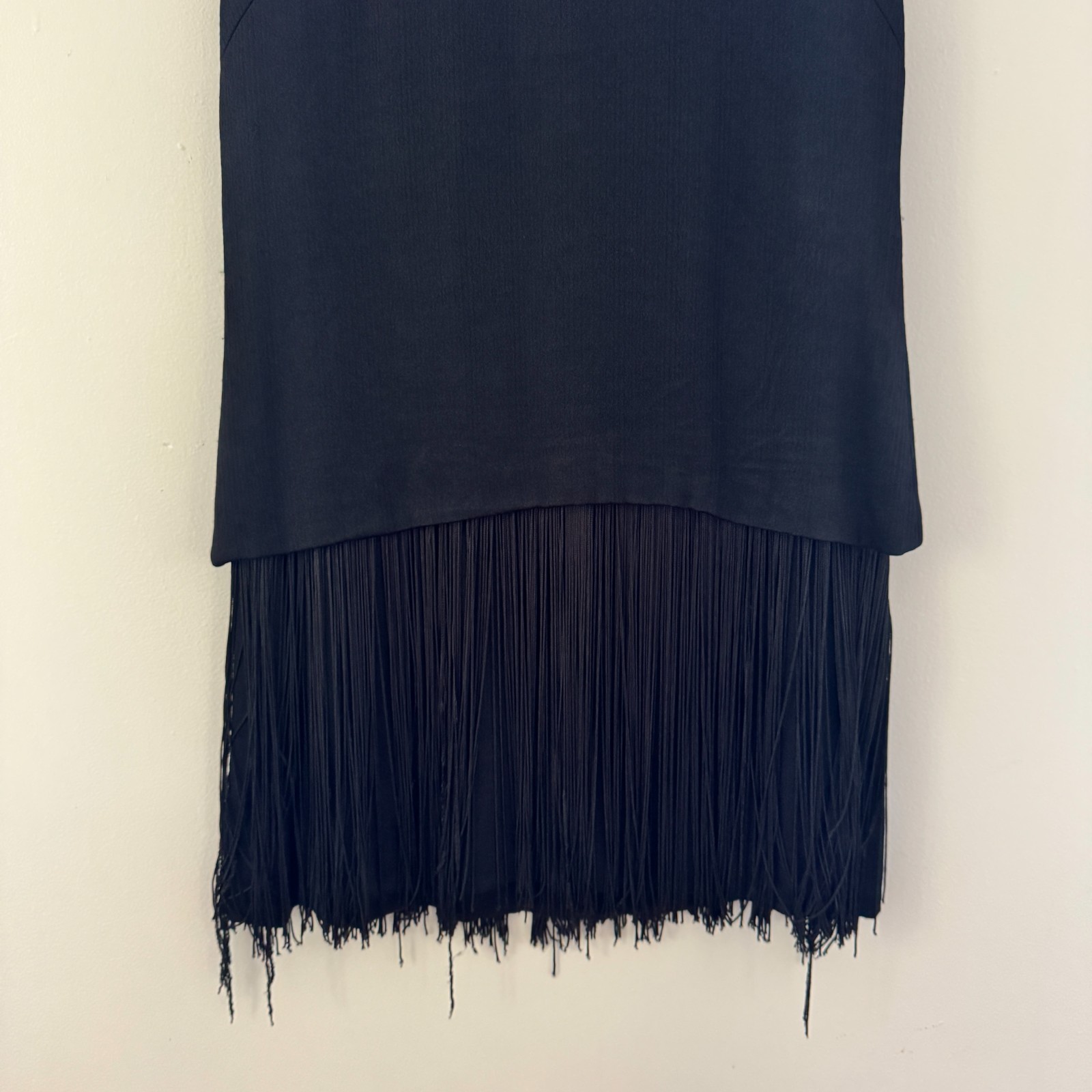 vtg 60s MISS THEME NY Black Go-Go Dancer FRINGE Mini Shift Dress Costume Mod LBD