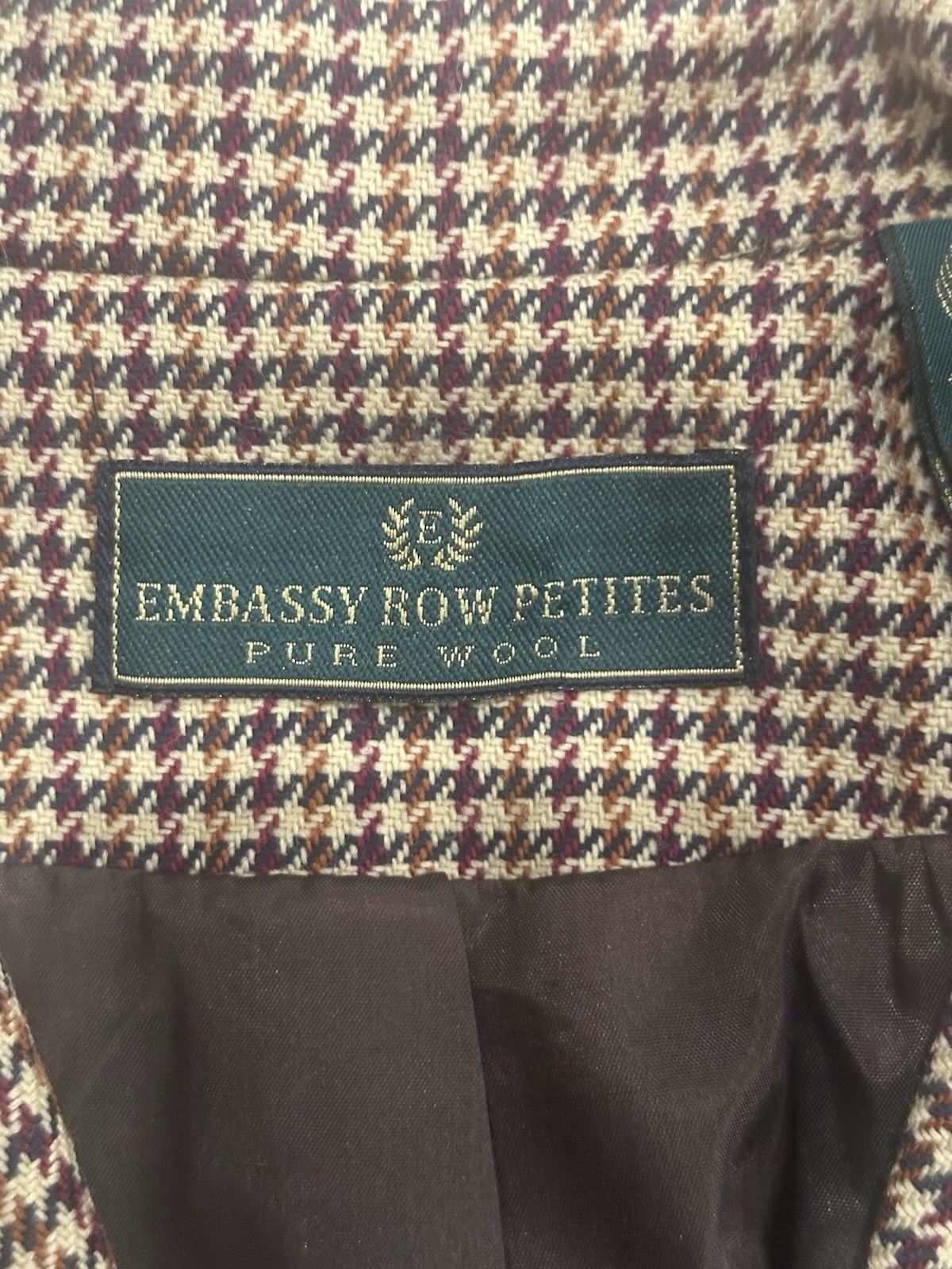 Vintage Embassy Row Petites Brown Plaid Wool Blazer Zip Jacket Houndstooth Sz 6P