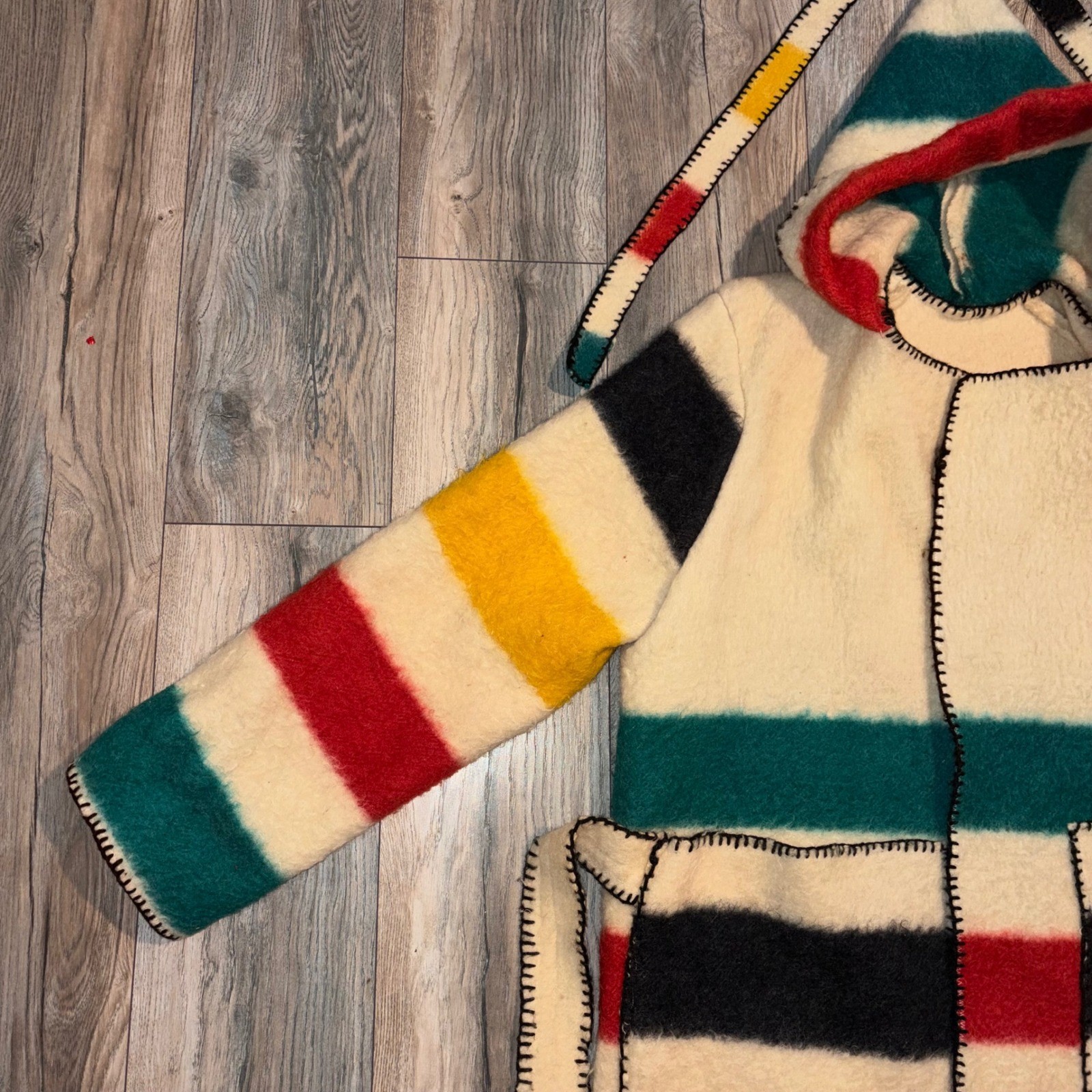 Vintage Handmade Hudson Bay Style Wool Blanket Coat Multi Stripe Hooded Belted