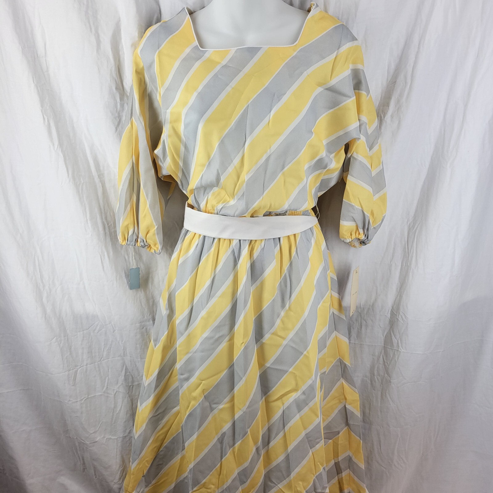 Vtg 1970s Jerell of Texas NOS NWT Yellow Gray Striped Belted Dress Size 9