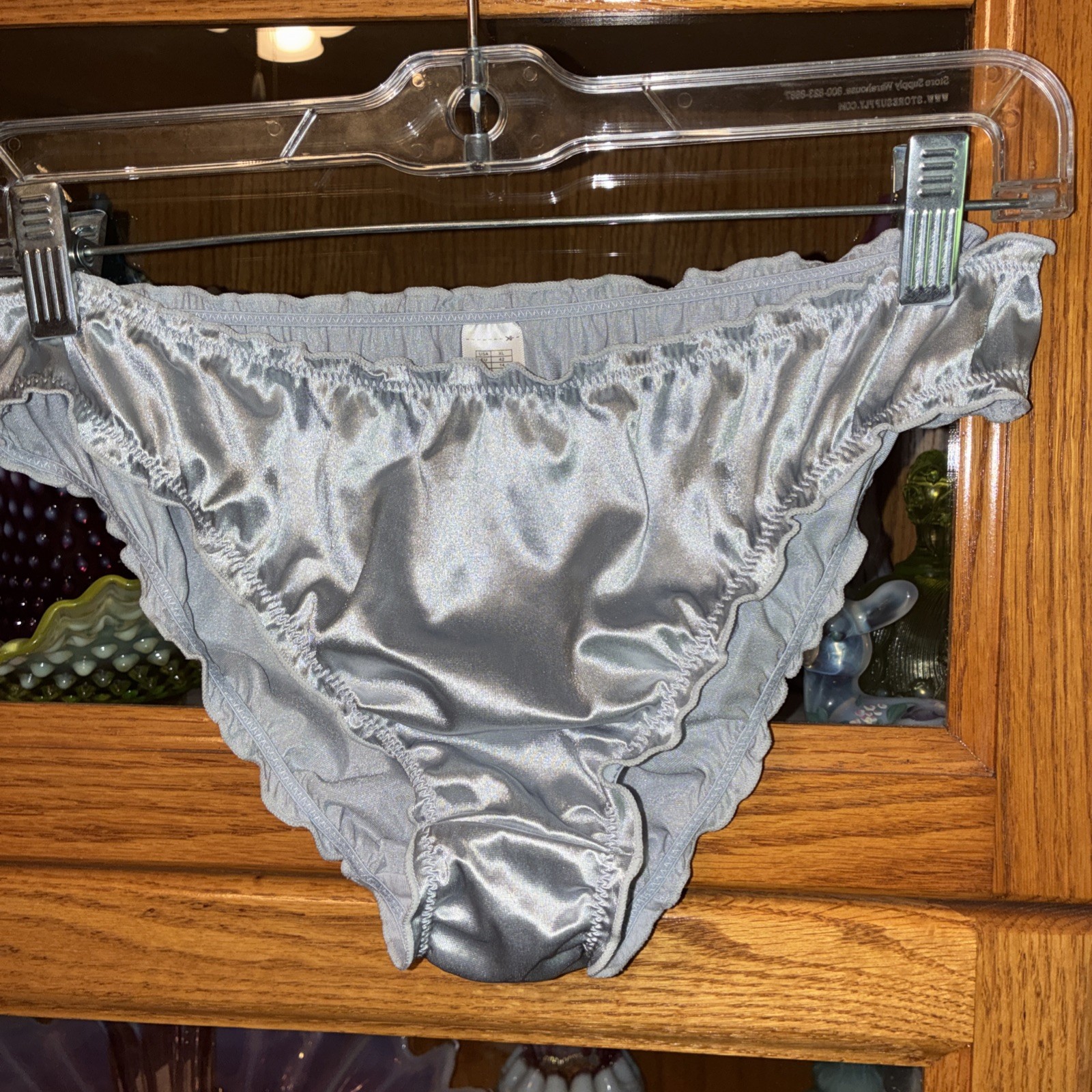 Vintage XL Bikini High Cut Panties Shiny Glossy Silver Polymide Panty Ruffled
