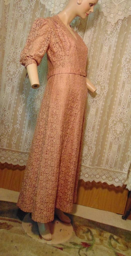 VTG 30s Peach Alencon Lace Puff Sleeve Dress & Matching Taffeta Slip 32W