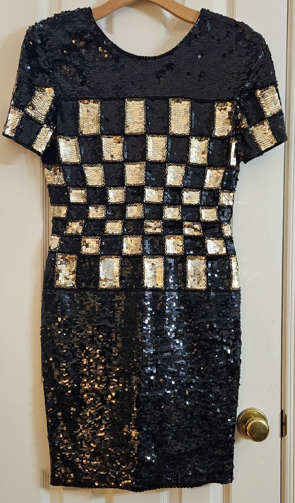 Vintage Tadashi Cocktail Dress Black/Gold Checkerboard Sequined/Beaded Size 10