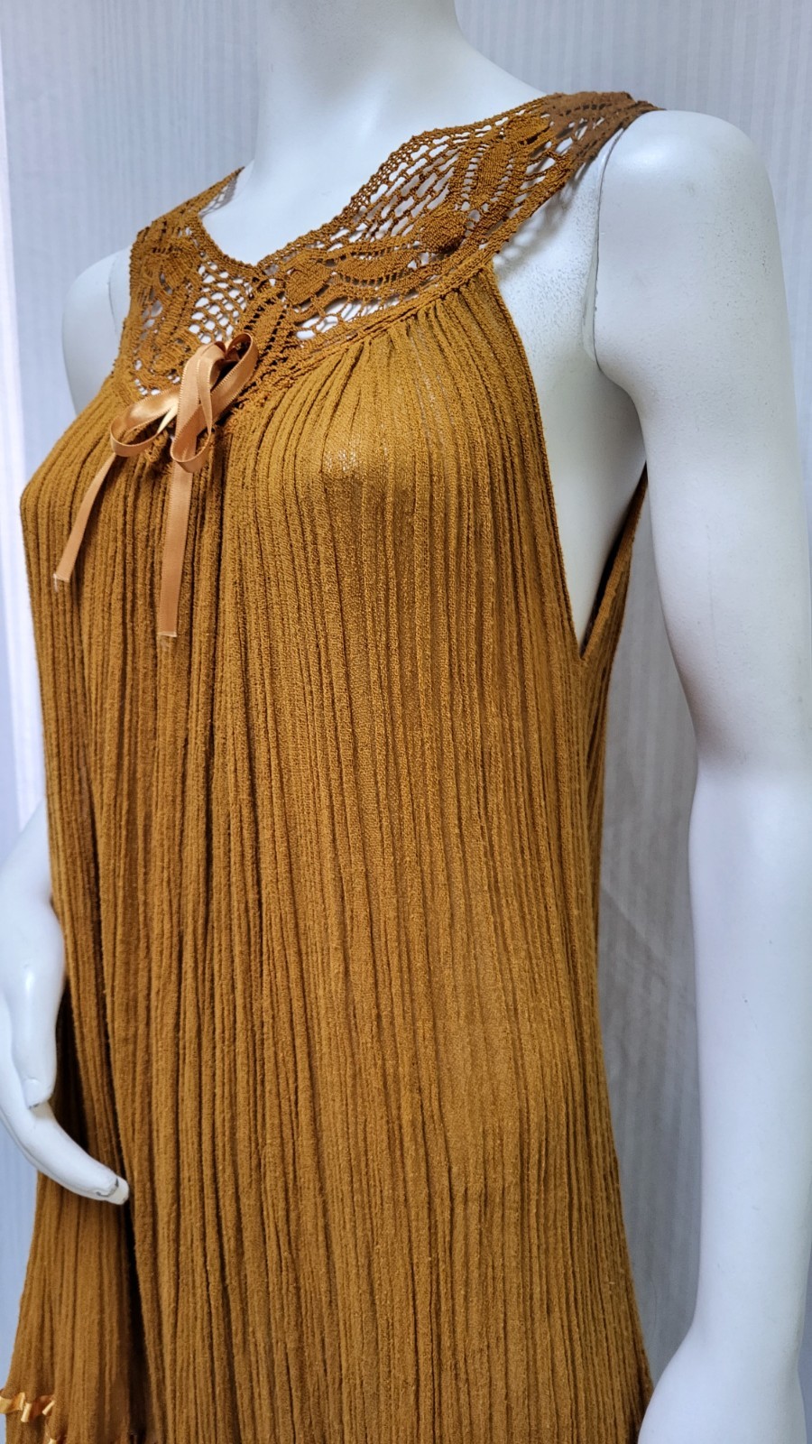 Vintage Gold Cotton Gauze Dress with Crochet & Satin Ribbon Trim – Size M/L -EUC