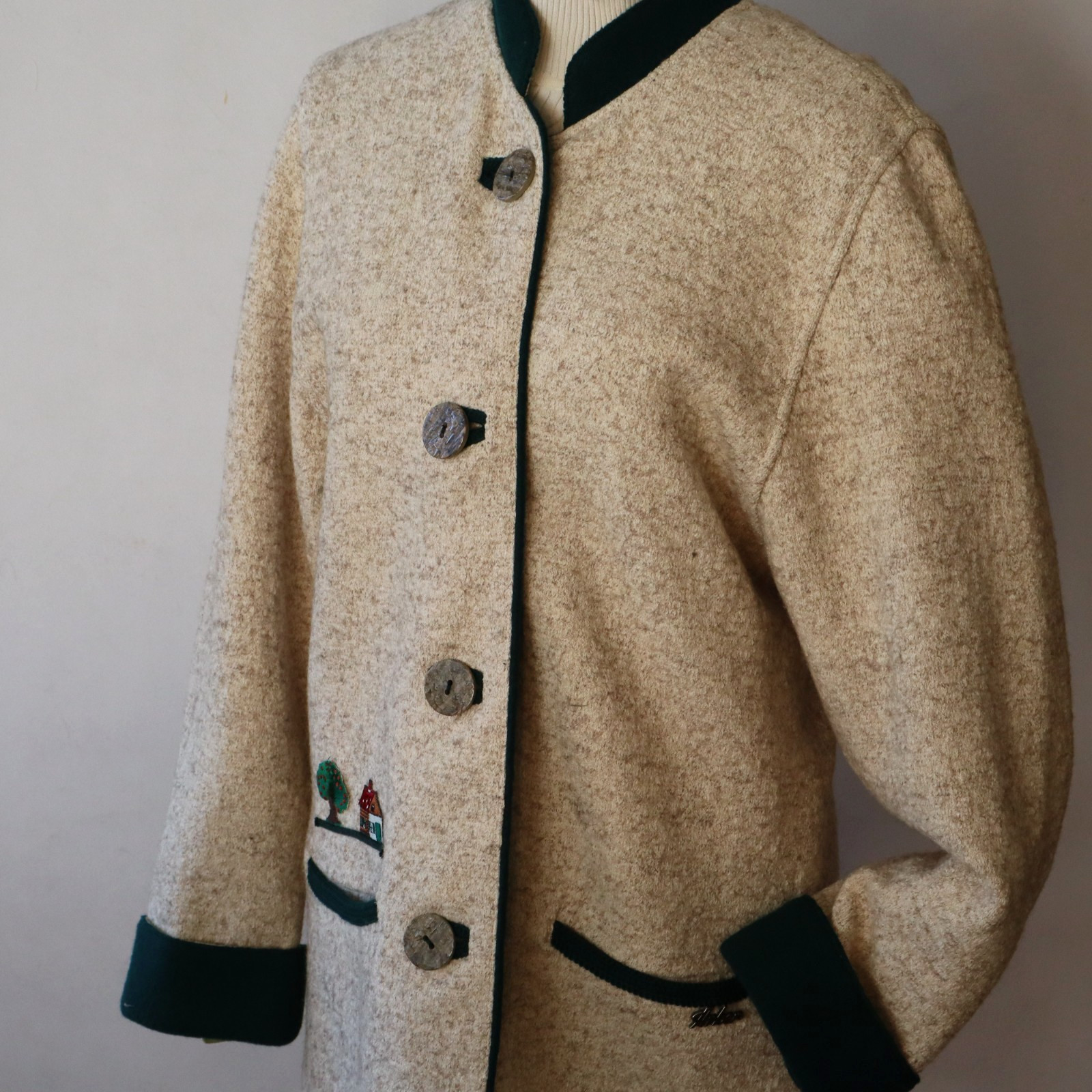 Vtg Wool Chenille Arber Jacket Tan, Green Knit w Embroidery Sz 36 Small Germany