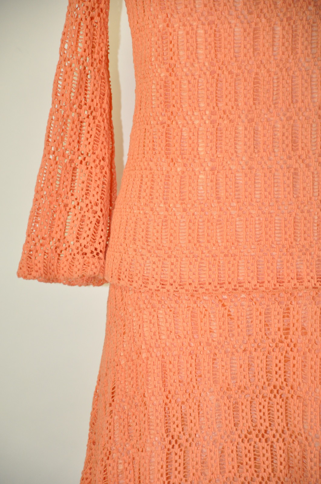 60s Vintage Orange Sorbet Crochet Knit Lace Dropped Waist Mini Dress Women S M
