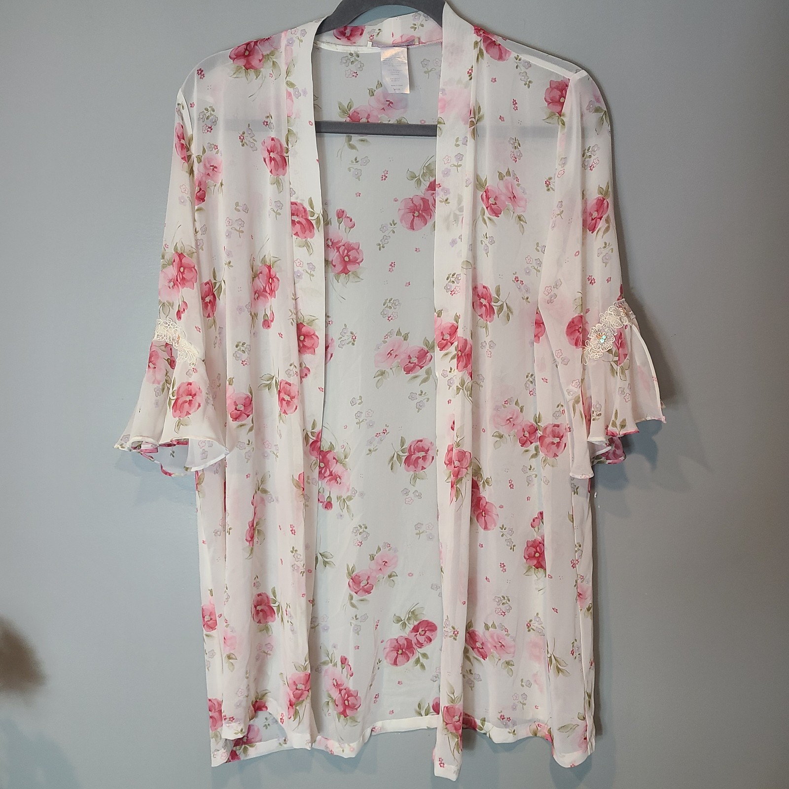 Vtg Delicate Sheer Pink Flowy Robe Size L Dreamy Chiffon Coquette Floral Flare