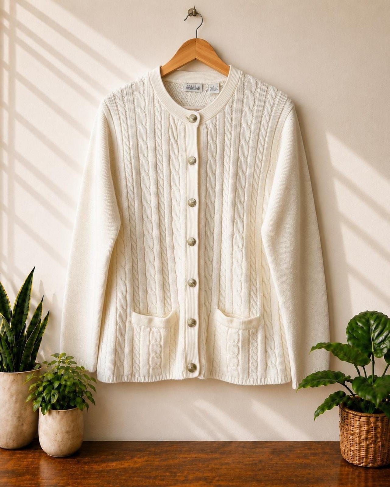 Vintage 90s Classic Elements Ivory Cable Knit Cardigan Sweater Size Large