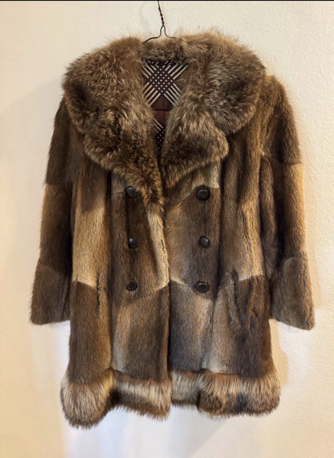 Vintage Genuine Patchwork Mink Fur Coat Fox Fur Shawl Collar Double Breasted