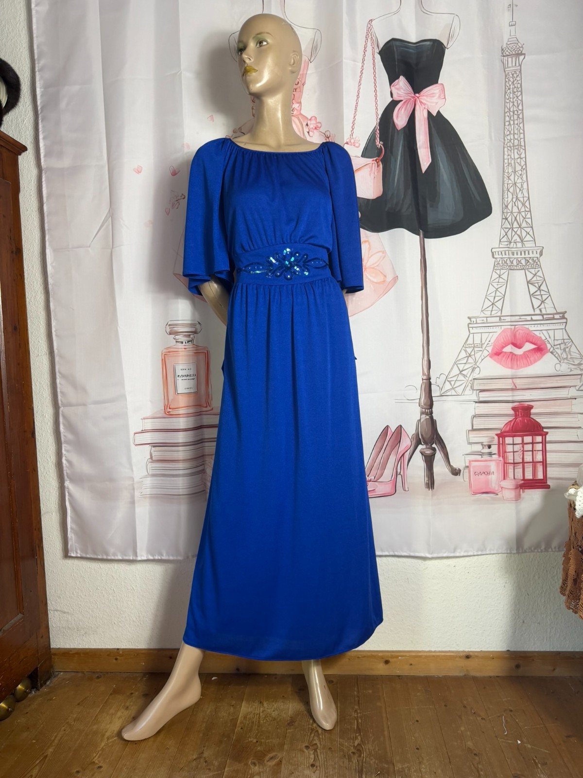 70s maxi dress evening dress Höpfner Jeunesse vintage royal blue cape sleeves 42 44